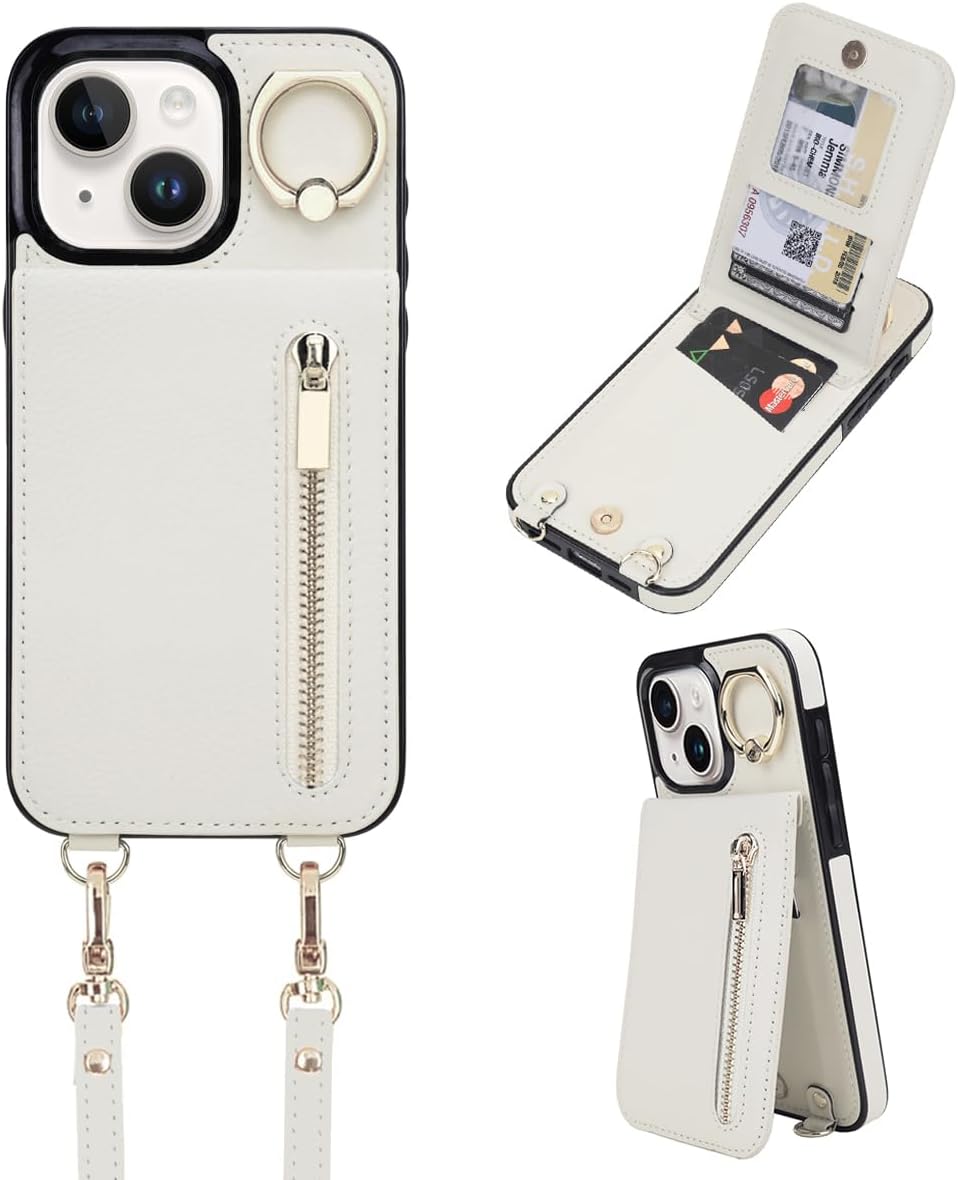 uCOLOR for iPhone 13/14/15 Wallet Case with Card Holders for Women, Crossbody Zipper Protective Leather Case with Strap Wrist Ring RFID Protective (Beige, iPhone 13/14/15 6.1)