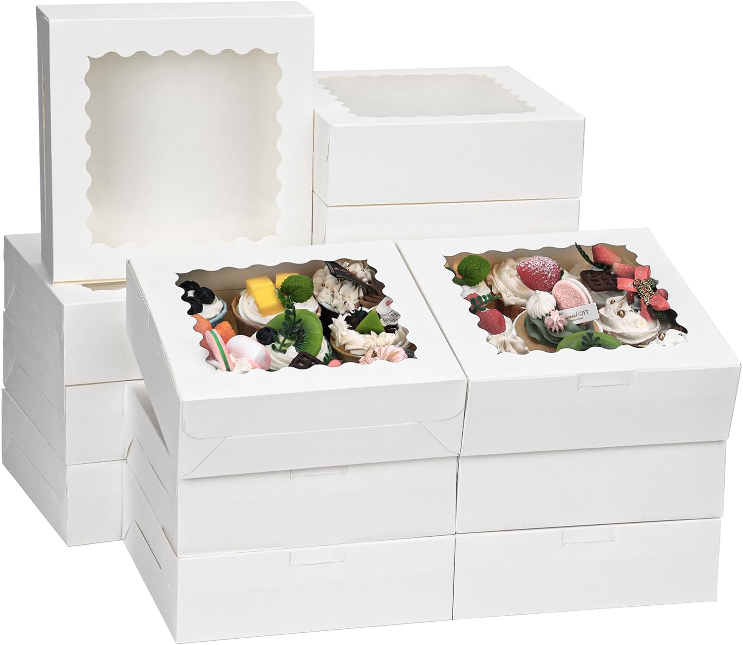 Moretoes 30pcs 8x8x2.5 Inches White Bakery Boxes Valentine Treat Boxes Cookie Boxes Pastry Boxes with Window for Cookies, Donuts, Chocolate Strawberries and Pie