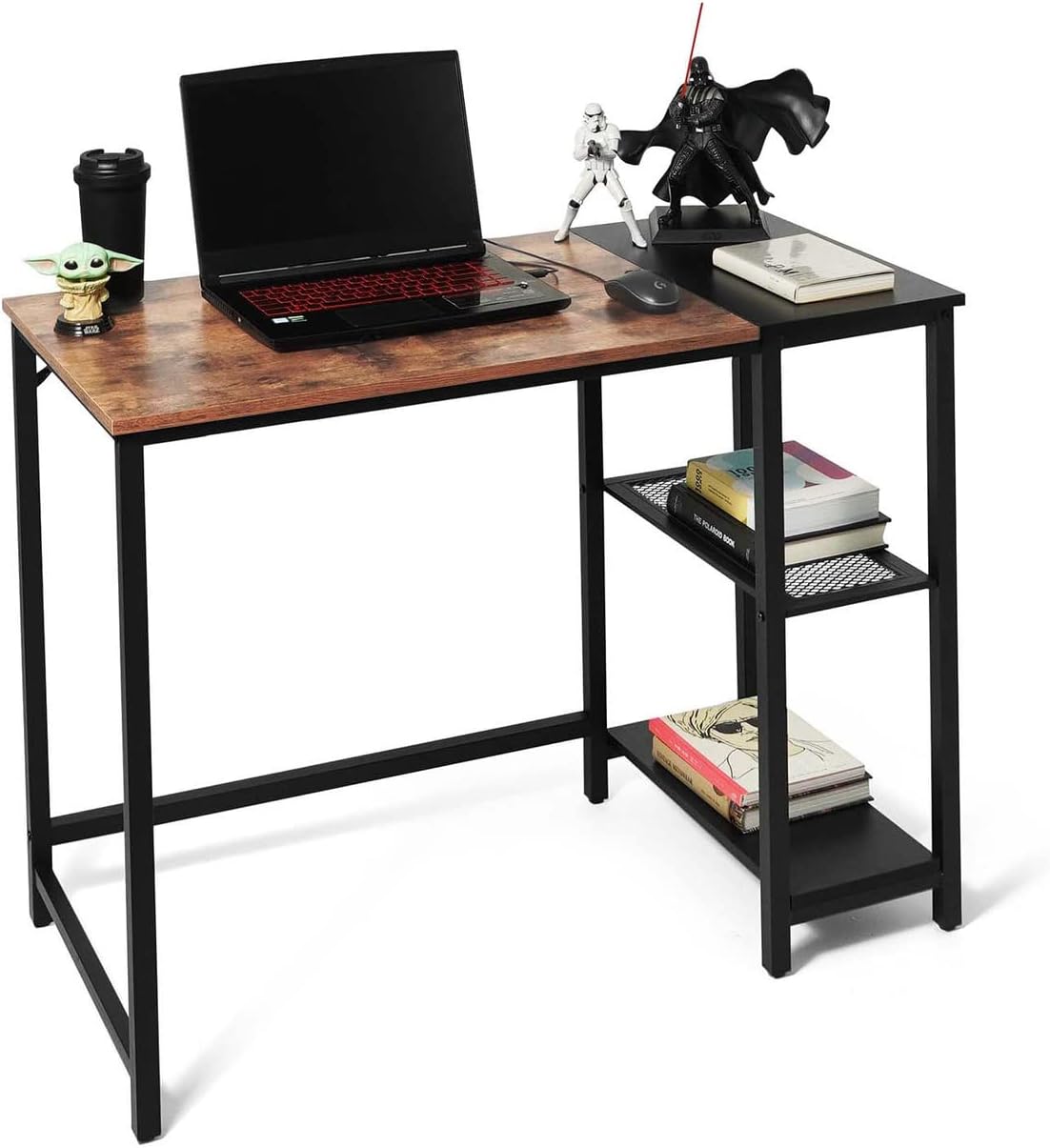 CAPHAUS Computer Desk, 40 Inch Home Office Desk, Study Writing Desk with 2-Tier Storage Shelves, Simple Industrial Modern Laptop Workstation with Splice P2 Grade Wooden Board, Rustic Oak and Black