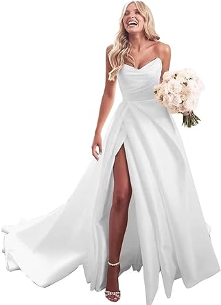 Strapless Wedding Dresses for Bride 2024 Plus Size Beach Wedding Dress Simple Satin Wedding Gown White Size 8