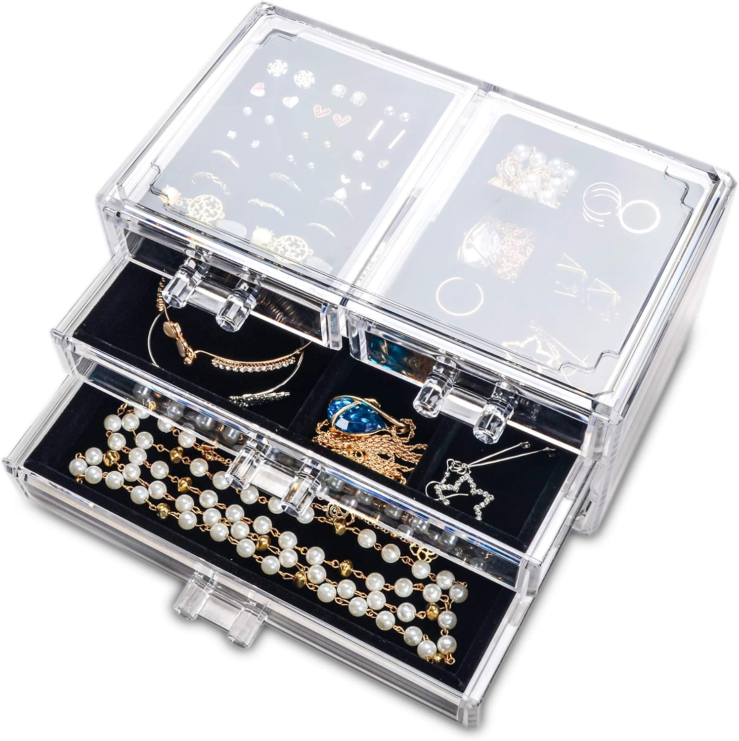 Frebeauty Acrylic Jewelry Box 4 Drawers,Clear Jewelry Organizer Velvet Rings Necklaces Earring Bracelets Display Case Stand Holder Tray for Women Girls(Black)