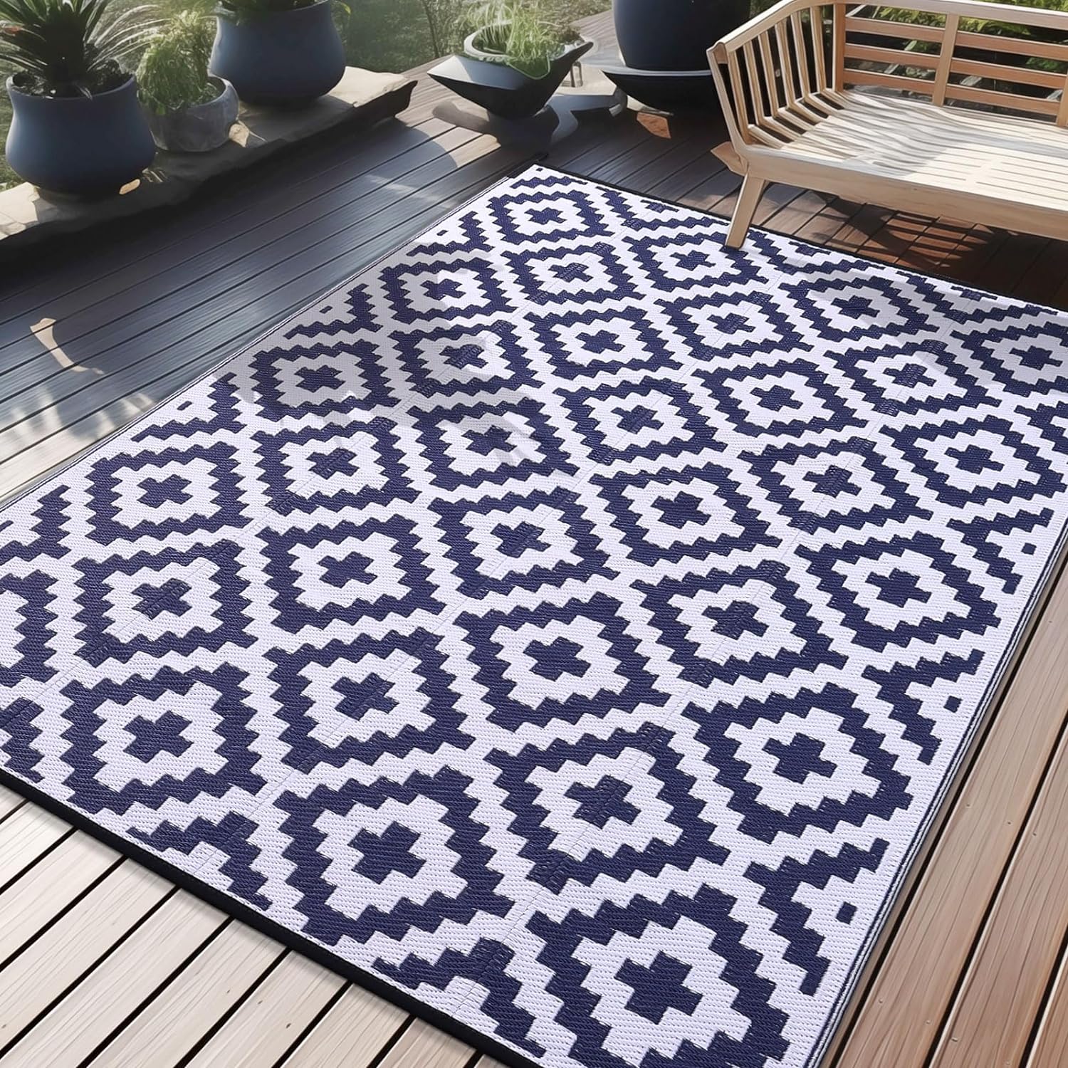 OLANLY Waterproof Outdoor Rug 6x9 ft, Reversible Plastic Straw Patio Rug for Camping, RV Mat Outside, Indoor Outdoor Carpet for Porch, Deck, Backyard, Camper, Balcony, Picnic, Navy & White