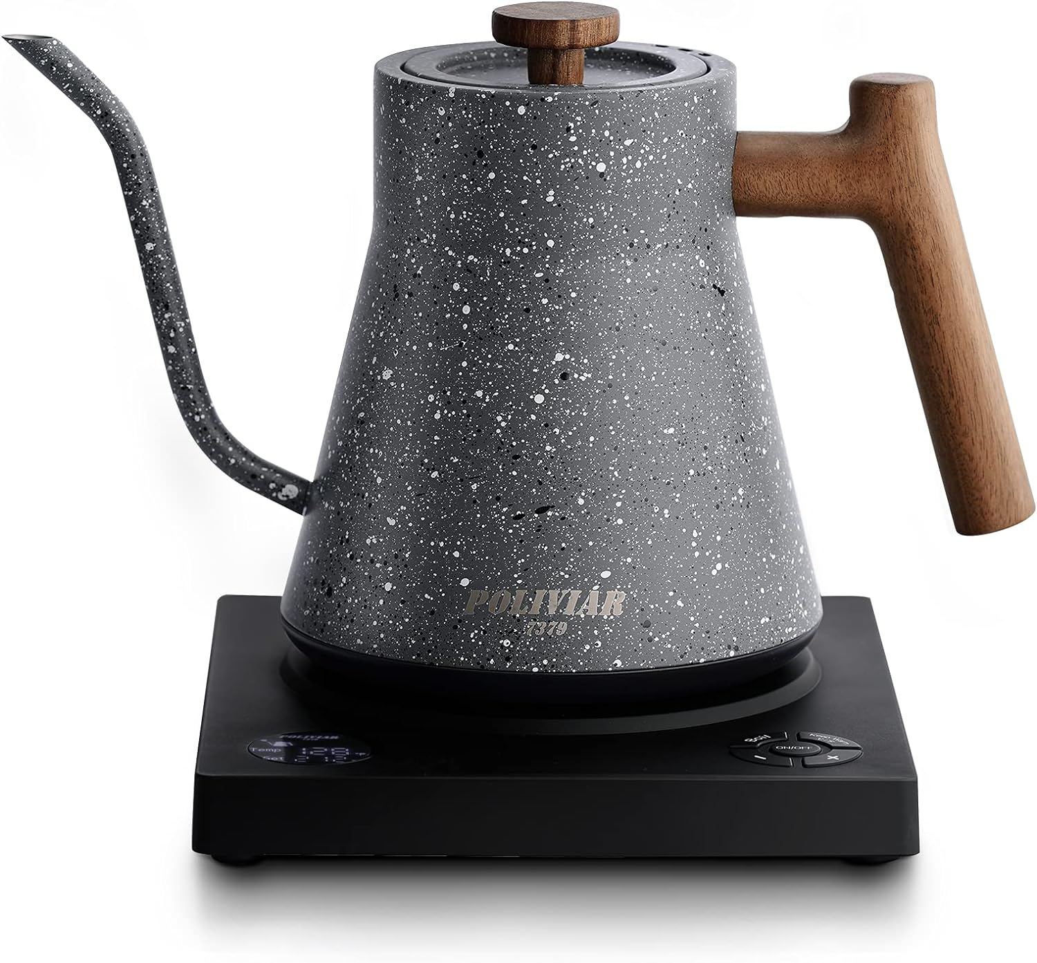 POLIVIAR Electric Gooseneck Kettle, 1200W Electric Tea Kettle Real Wood Handle, 34oz Pour Over Electric Kettle for Coffee & Tea, 18/8 Stainless Steel Inner, Temperature Control & Rapid Heating