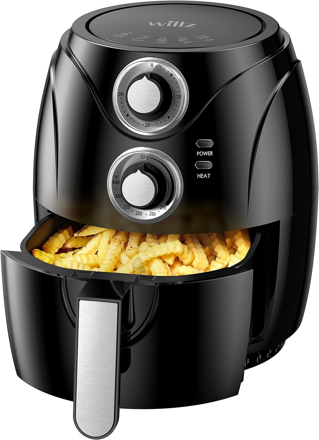 Willz Small Compact Electric Air Fryer Oil Free Quick Cook with Time & Temperature Control & Auto Shut Off Feature, Non-Stick Air Fry Basket, 2.6 Quart, 1200W, Black