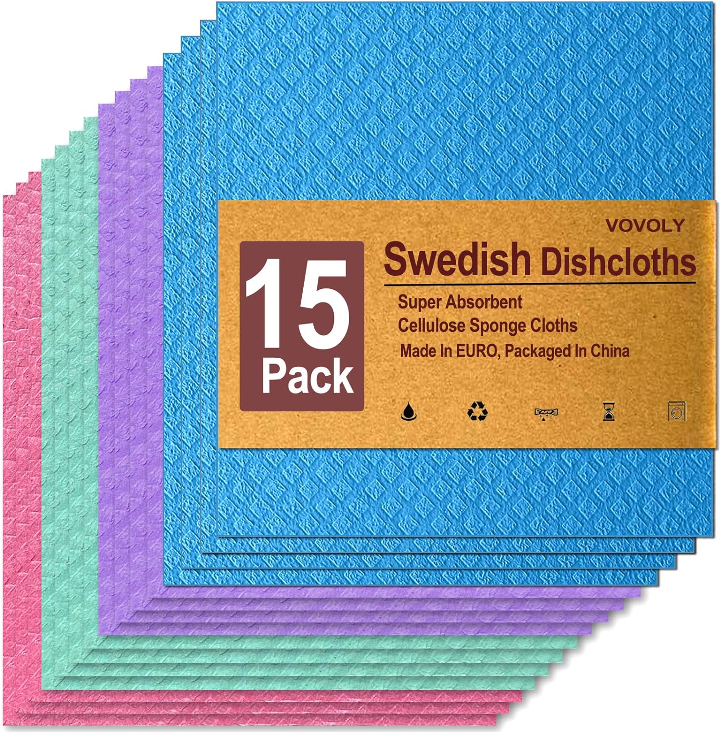 15-Pack, Swedish Dish Clothes,Absorbent Dishcloths for Kitchen, Cellulose Sponge Cloths, Reusable Cleaning Towels, No-Odor Dish Rag for Home, Eco-Friendly, Assorted Colors