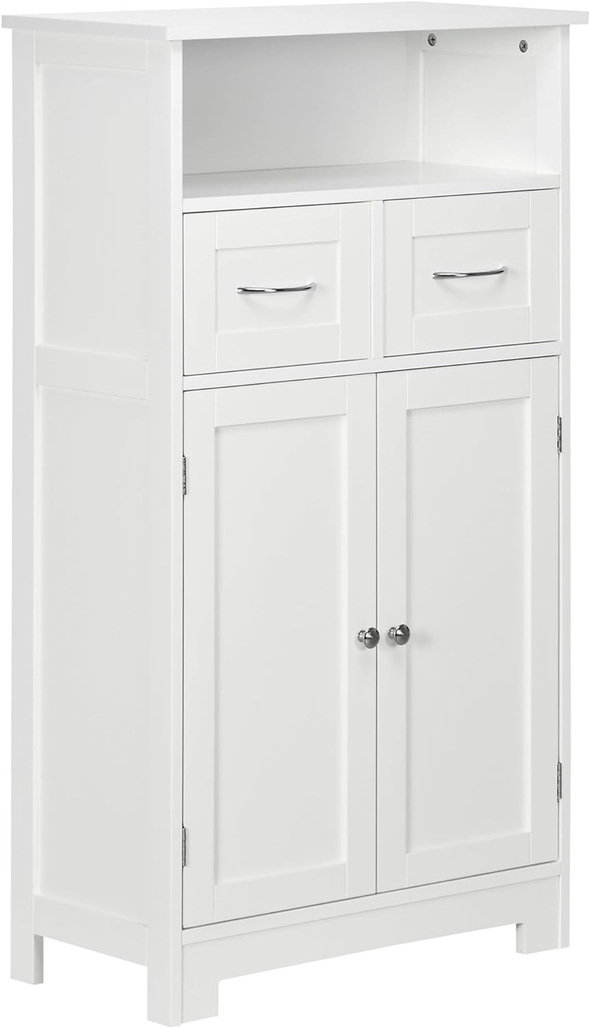 kleankin Bathroom Cabinet Organizer, Freestanding Small Storage Cabinet with Two Drawers and Adjustable Shelf for Living Room, or Entryway, White