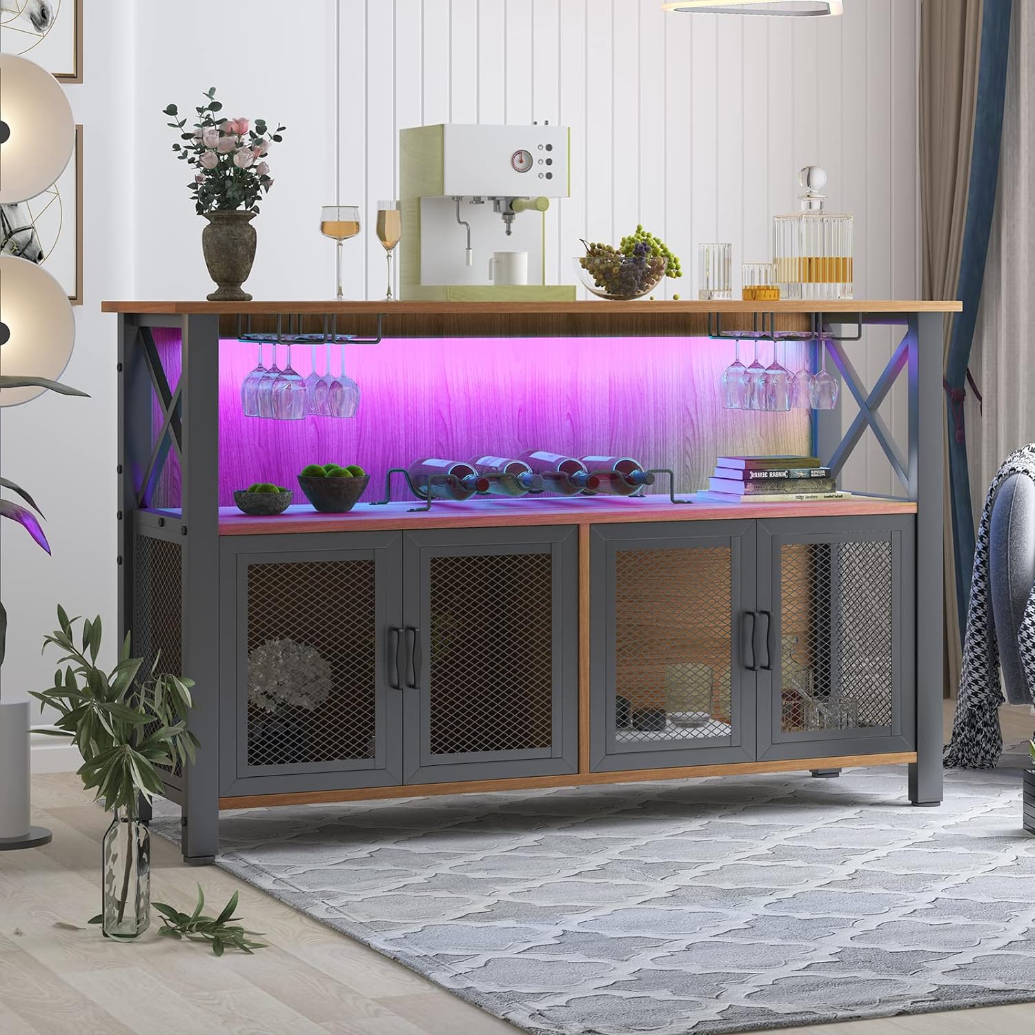 BALUS+Wine+Bar+Cabinet+with+Large+Storage%2c+RGB+LED+Light+Metal+Mesh+Doors+Industrial+Buffet+Coffee+Counter+with+Red+Wine+Racks%2cModern+Iron%ef%bf%bd%ef%bf%bdWood+Liquor+Cabinet+for+Home