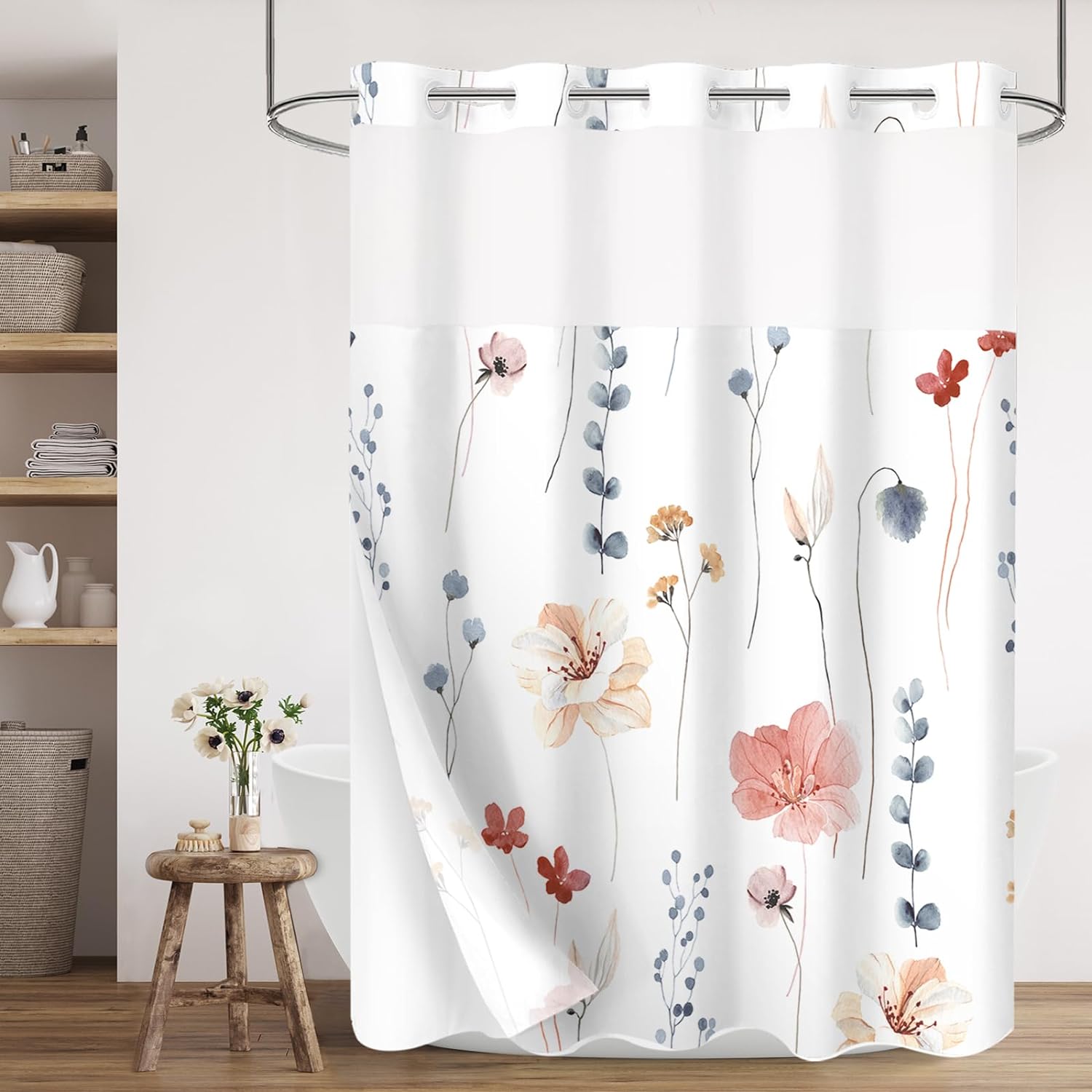 Gibelle No Hook Floral Shower Curtain with Snap-in Fabric Liner Set for Bathroom, Hotel Style Coral Beige Modern Flower Shower Curtain with See Through Top Window, Waterproof & Washable, 72x74