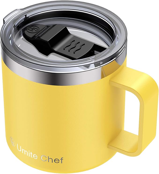 Umite Chef Stainless Steel Insulated Coffee Mug Tumbler with Handle, 14oz Double Wall Vacuum Travel Tumbler Cup with Sliding Lid Travel Friendly, Yellow