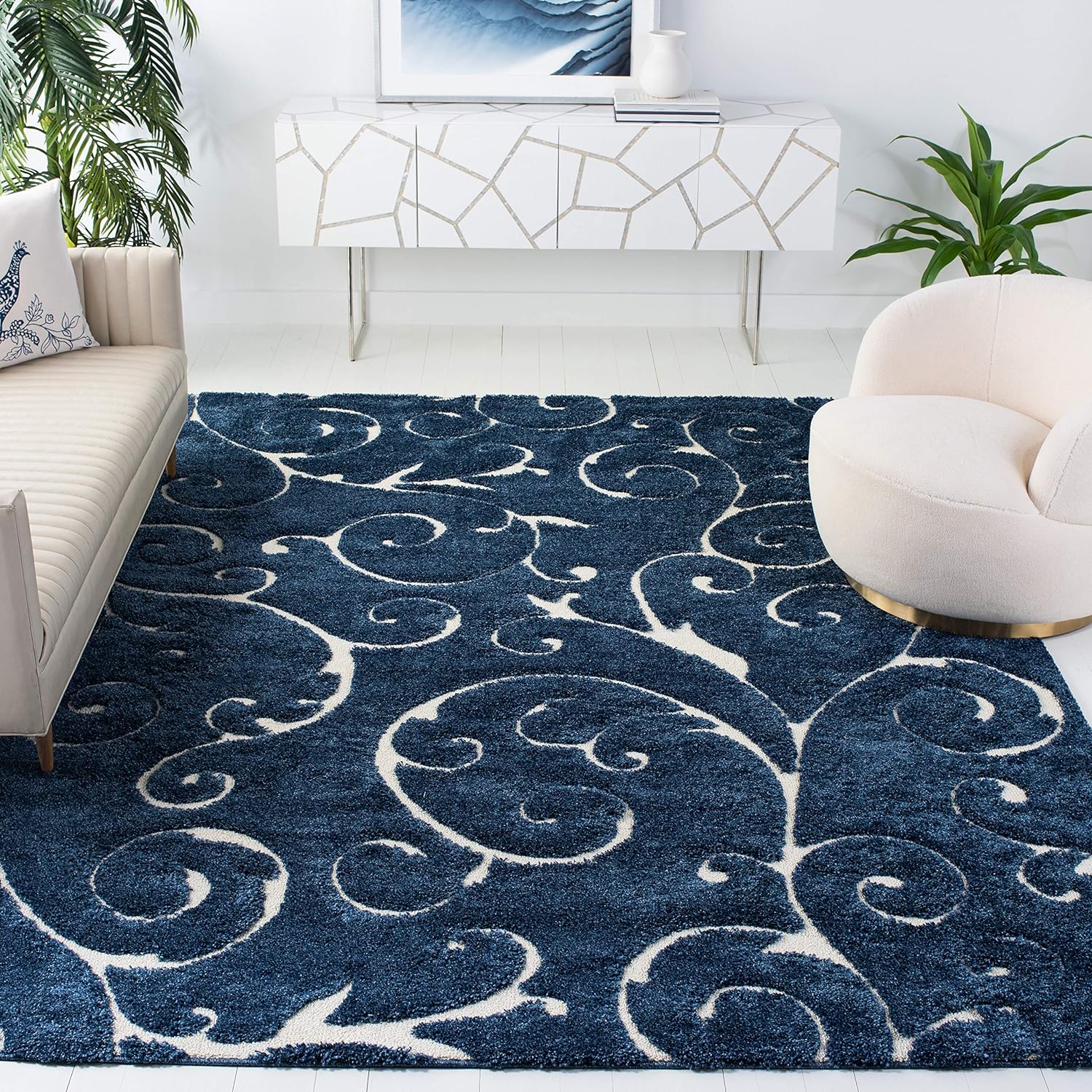 SAFAVIEH Florida Shag Collection Area Rug - 6' x 9', Dark Blue & Cream, Scroll Design, Non-Shedding & Easy Care, 1.2-inch Thick Ideal for High Traffic Areas in Living Room, Bedroom (SG455-6511)