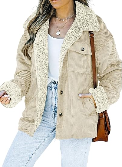 Dokotoo Corduroy Sherpa Jacket for Women Button Down Fleece Fur Collar Winter Warm Coat