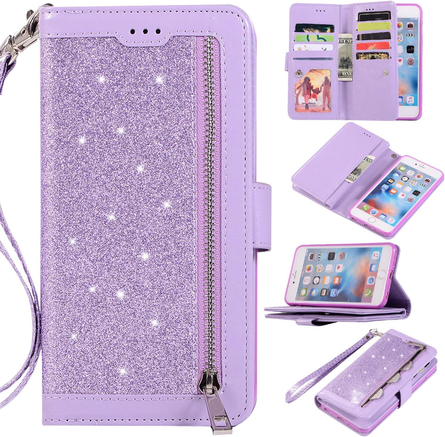 EYZUTAK Wallet Case for iPhone 6 Plus iPhone 6S Plus,Magnetic Handbag Zipper Pocket PU Leather Flip with 9 Card Slots and Wrist Strap Folio TPU Inner Stand Case for iPhone 6 Plus/6S Plus - Purple