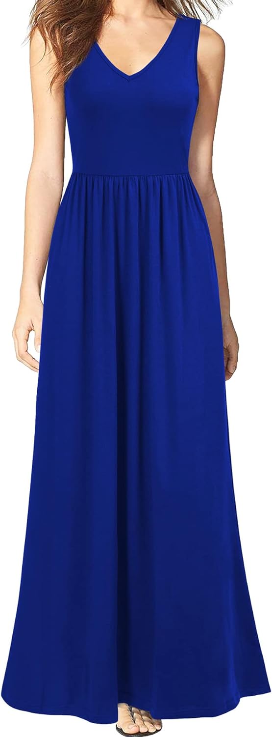 WOOSEA Women Sleeveless V Neck Pocket Loose Long Dress Maxi Casual Dresses