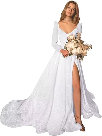 Glitter Prom Dresses Simple Long Sleeve Wedding Dresses for Bride A Line Princess Ball Gown with Slit