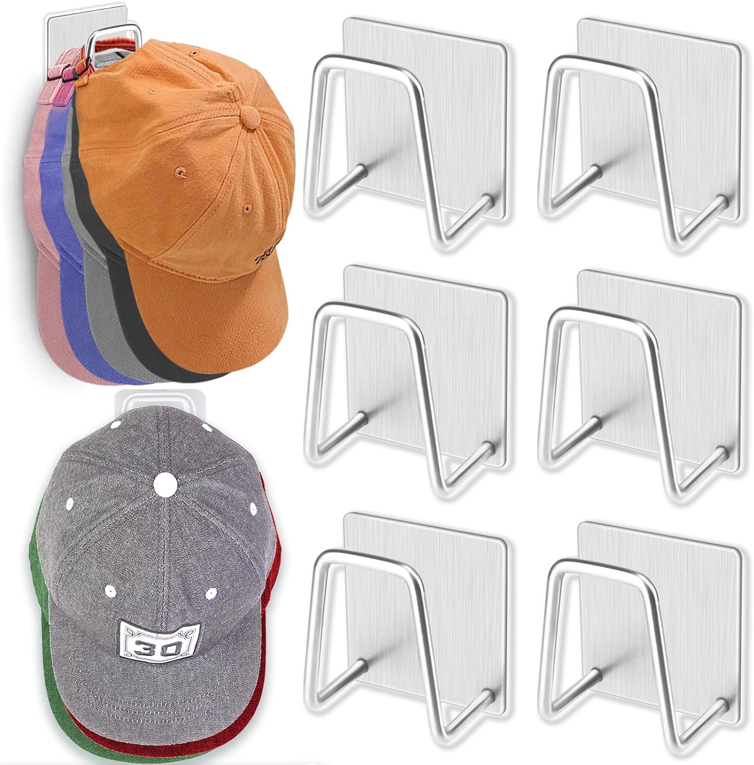 6-Pack Hat Rack for Wall Hat Organizer, Metal Hat Racks for Baseball Caps, Adhesive Hat Hooks for Wall, No Drilling Hat Hangers for Closet Hat Holder Display, Sticky Hat Storage