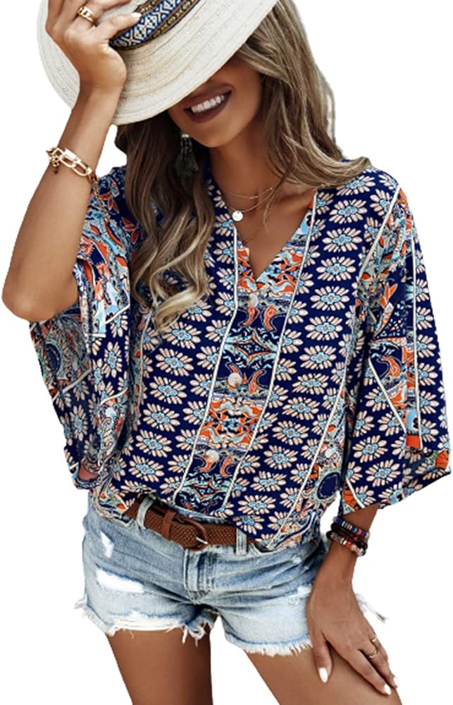 SOLY HUX Women's Boho Print V Neck 3/4 Bell Sleeve Button Front Summer Blouse Top