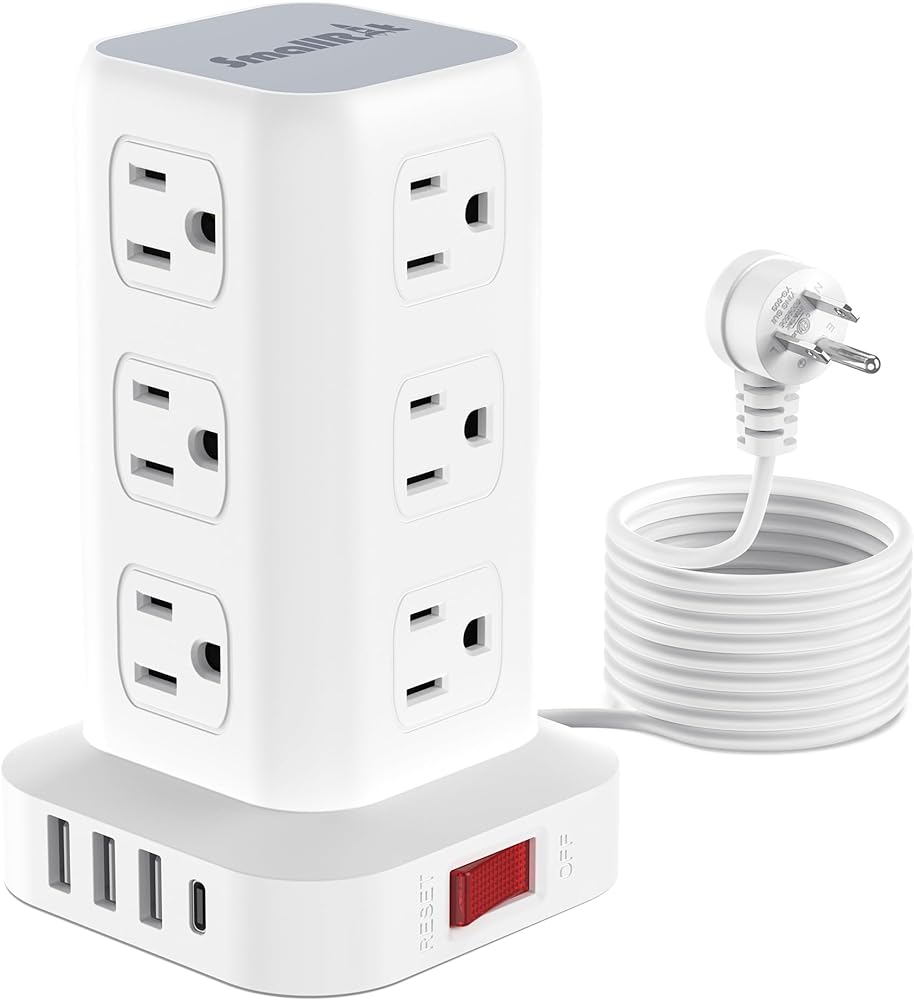 Power Strip Tower Surge Protector Power Strip with USB 12 Outlets with 4 USB Ports (1 USB C), Flat Plug 10FT Extension Cord Multi Plug Outlet Extender Overload Protection for Home Office