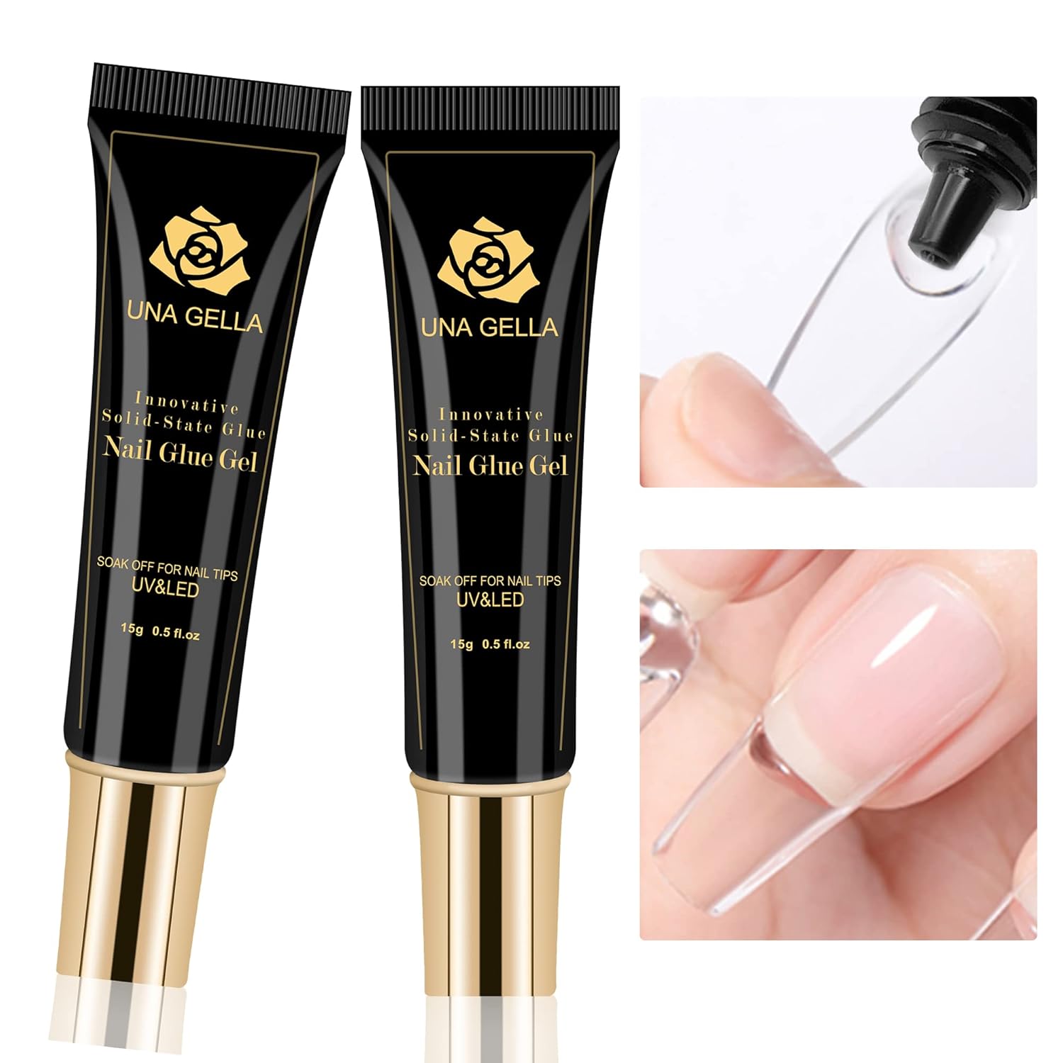 UNA GELLA Soft Gel Nail Tips Glue | 2pcs | Solid State Soak Off Super Strong Glue for Acrylic Nails Curing Needed for Nails Extension Press On Nails 15ml*2 for Gel Jelly Tips