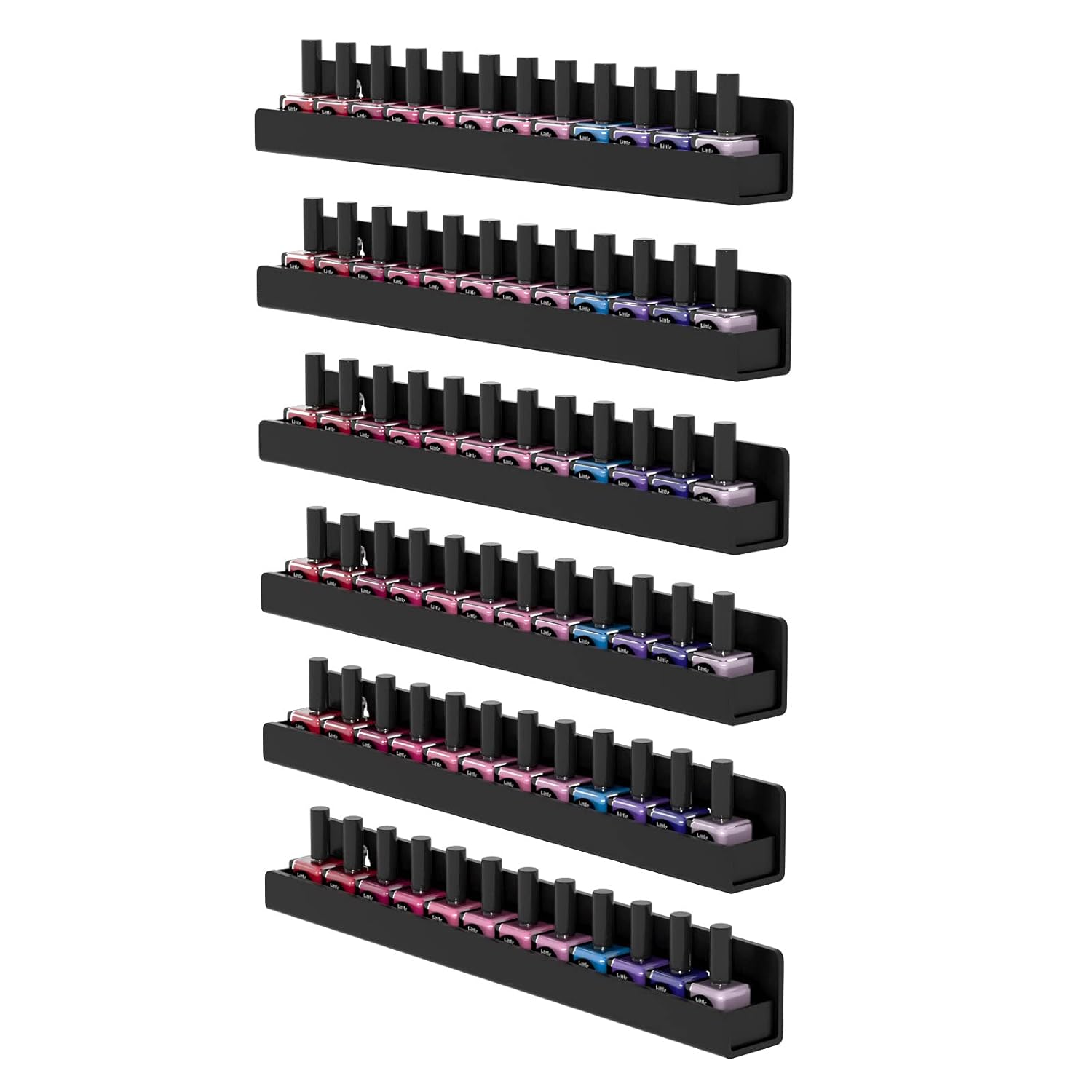 FEMELI Nail Polish Wall Rack: 6 Shelves 15 Inch Acrylic Nail Polish Holder Organizer for 66-90 Bottles, Multi-Purpose Acrylic Floating Shelves (15 Inch, Black)