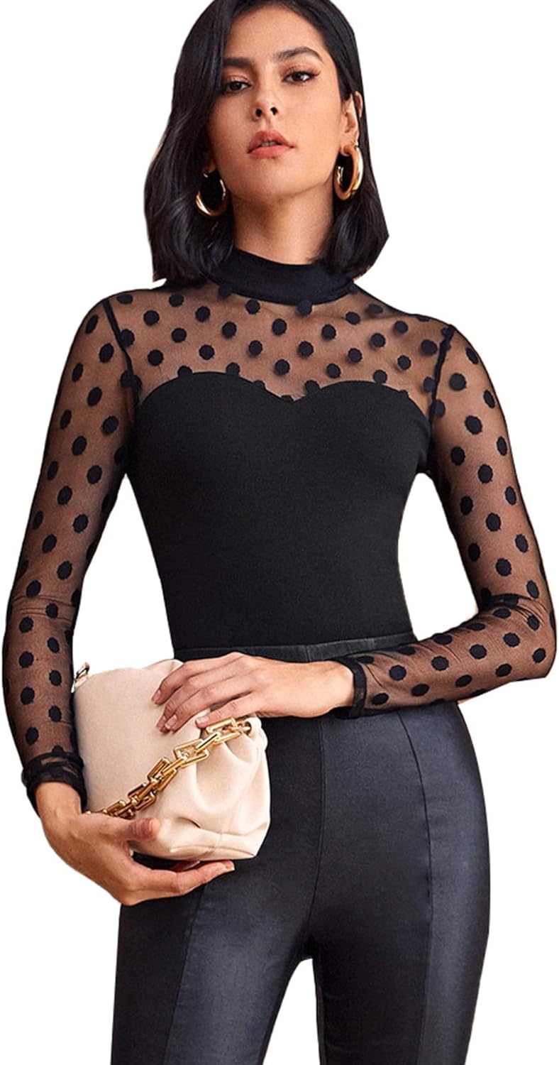 SOLY HUX Women' Sheer Mesh Polka Dots Long Sleeve Slim Fit Top Blouse