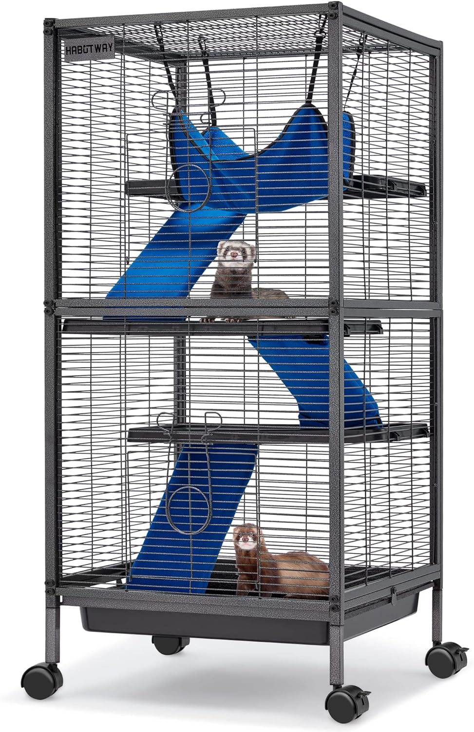 HABUTWAY 45''H Metal Small Animal Cages, Rolling Chinchilla Cage with Removable Ramps, Lagre Critter Nation Cage for Chinchillas/Guinea Pigs/Rabbit, Ferret Cages with Hammock & 4 Tiers, Black