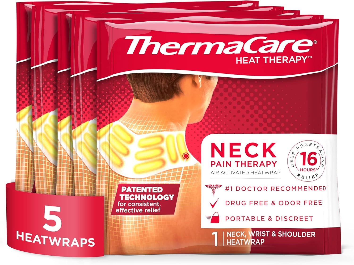 ThermaCare Adhesvie Heat Wraps, Portable Neck & Shoulder Heating Pads & Pain Relief Patches For Sore and Stiff Muscles, 5 Count