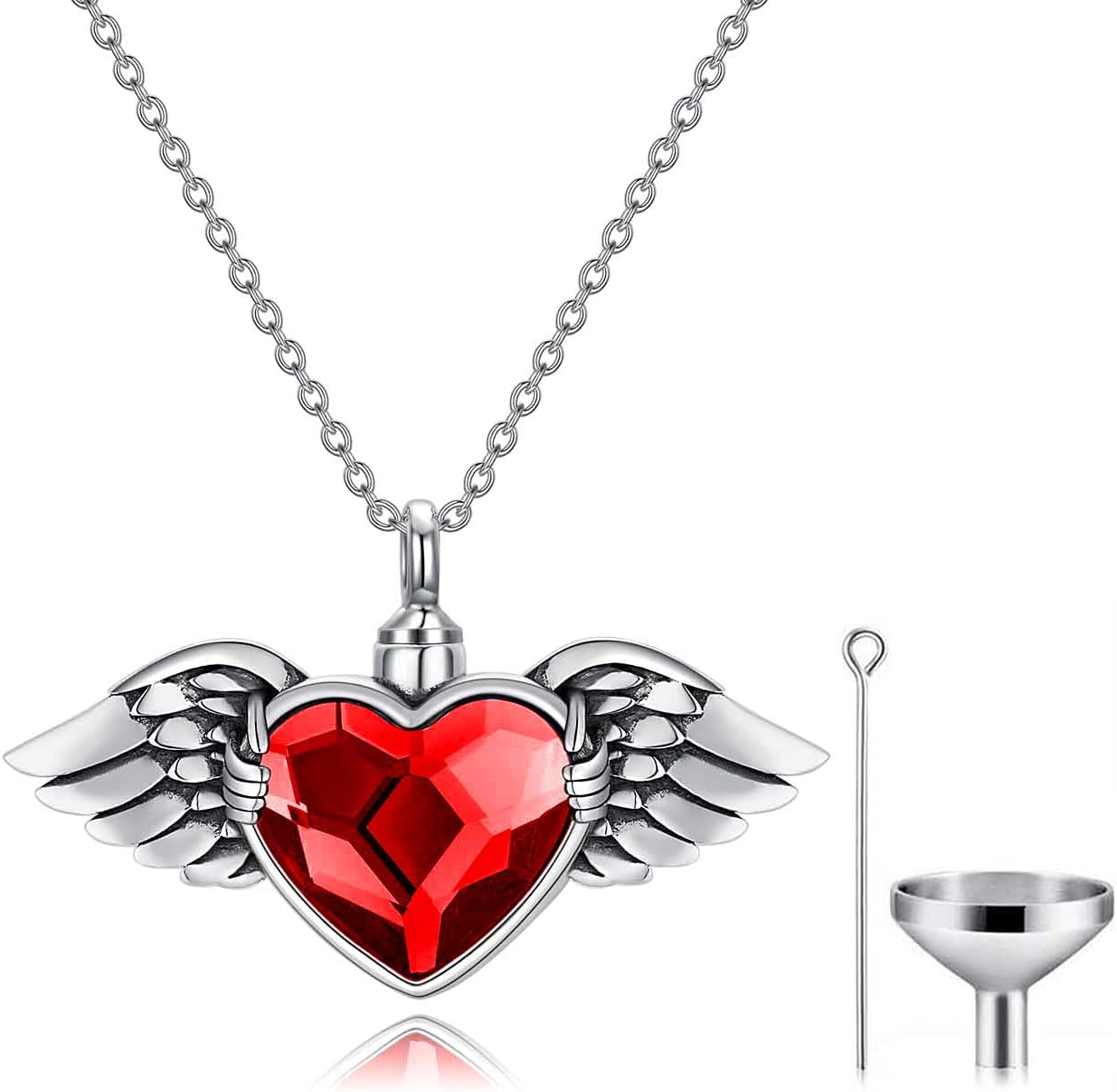 AOBOCO Angel Wing with Heart Urn Necklace for Ashes Sterling Silver Hold You in My Heart Cremation Memorial Keepsake Pendant with Heart Crystal