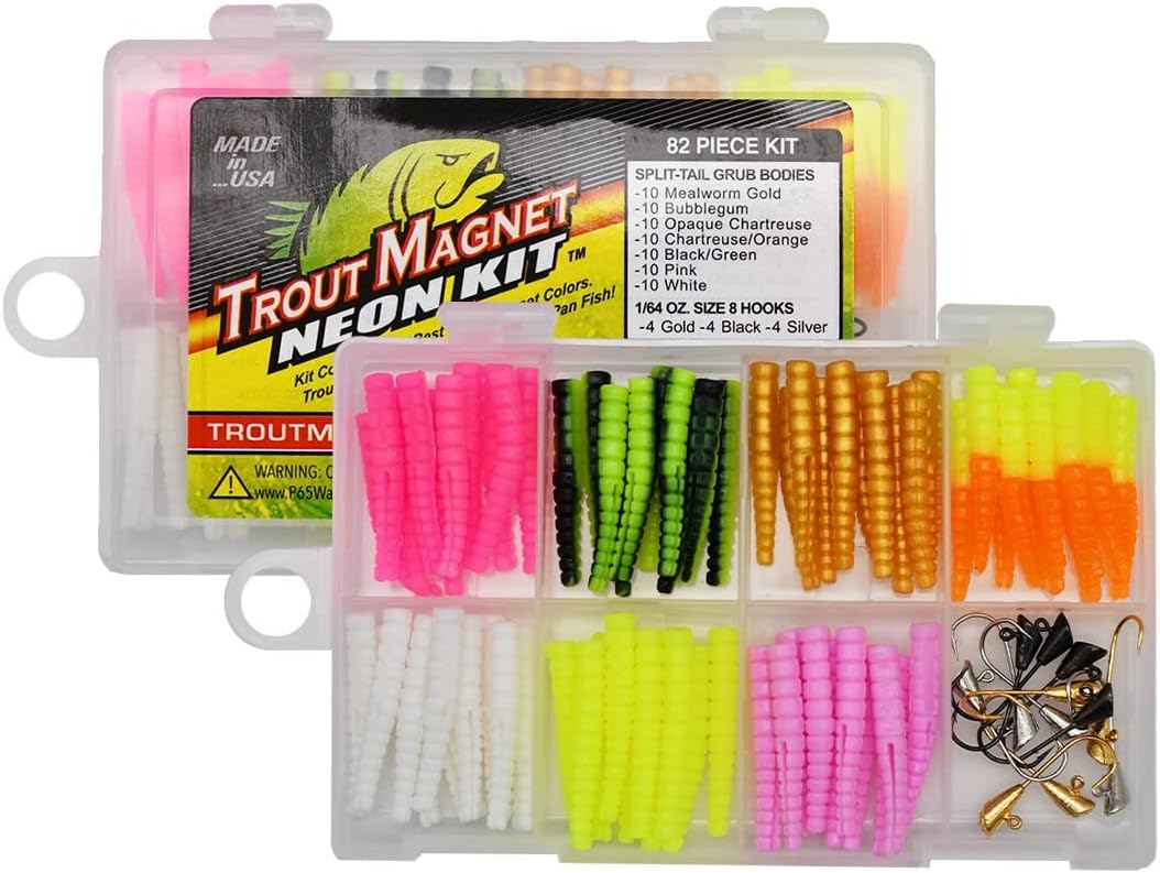 Trout Magnet 82-Piece Neon Trout Fishing Gear Kit, Includes 70 Grub Bodies Trout Bait and 12 Size 8 Trout Hooks