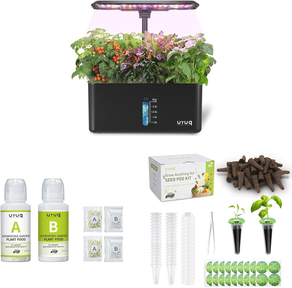 8 Pods Hydroponics Growing System Indoor Garden Black & 140Pcs Hydroponic Pods Supplies & 600ml Plant Food Nutrients