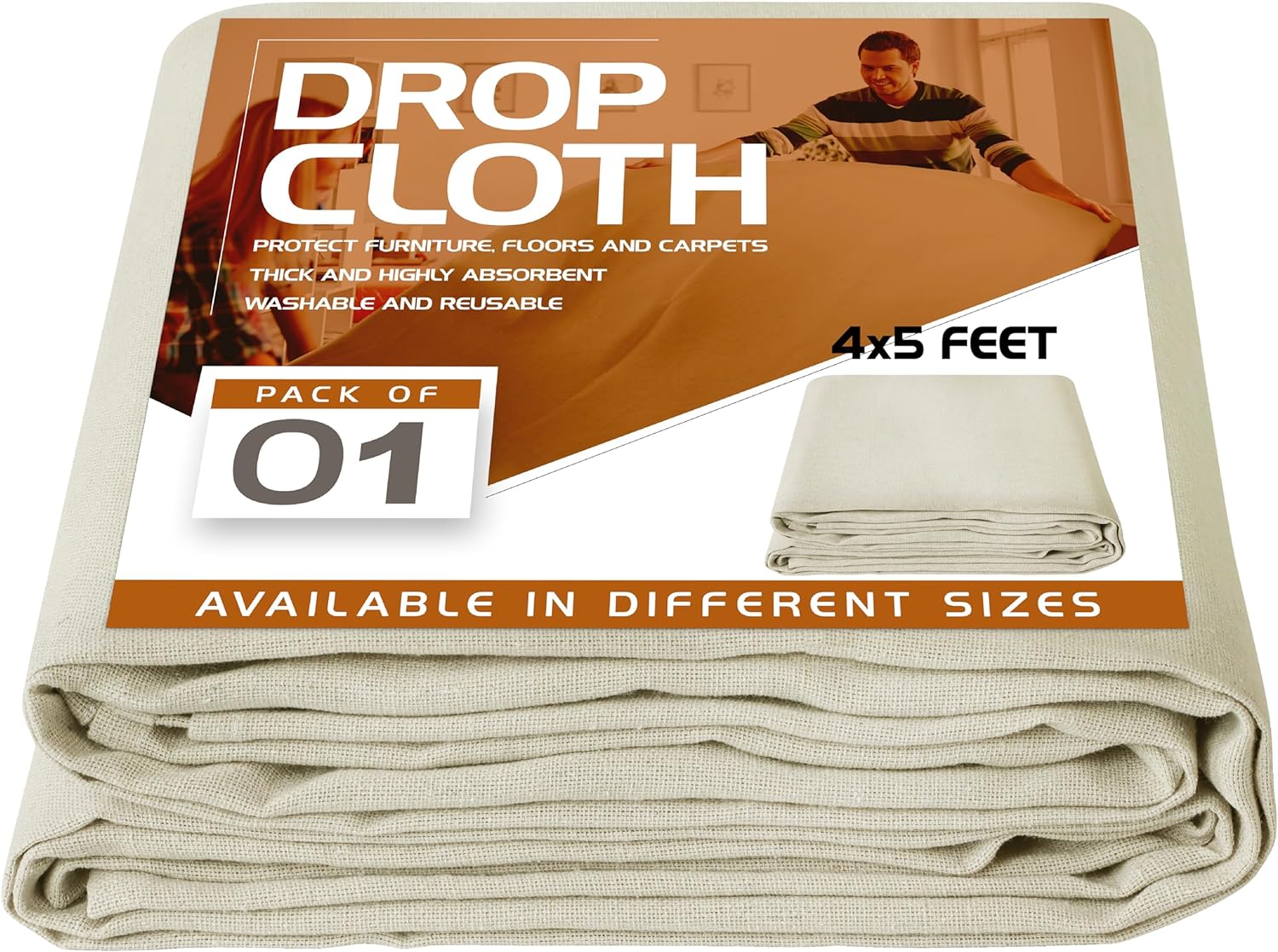 Utopia Drop Cloth for Painting (4x5 ft, 1 Pack) Washable and Reusable Canvas Fabric for Furniture & Floor Protection Highly Absorbent Paint Cover - Duck Dropcloth for Outdoor and Indoor Use