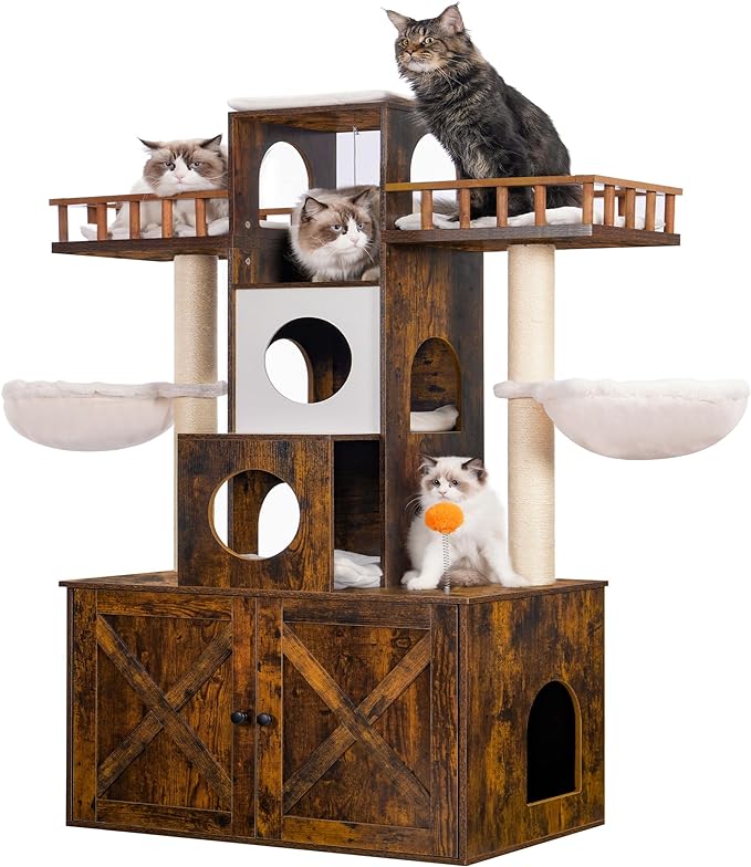 Heybly Cat Tree with Litter Box Enclosure for Indoor Big Cat, Cat Tower for Large Cats 20 lbs Heavy Duty, Modern Cat Condo Furniture with Scratching Posts, Rustic Brown HCT110SR