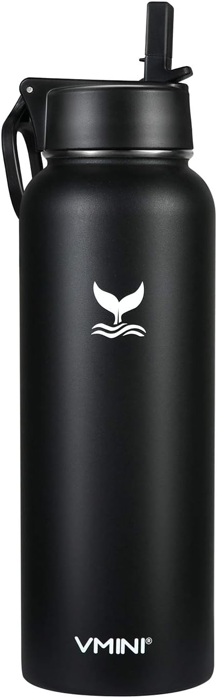 Vmini Water Bottle with Straw, Wide Rotating Handle Straw Lid, Wide Mouth Vacuum Insulated Stainless Steel Water Bottle, Black, 40 oz