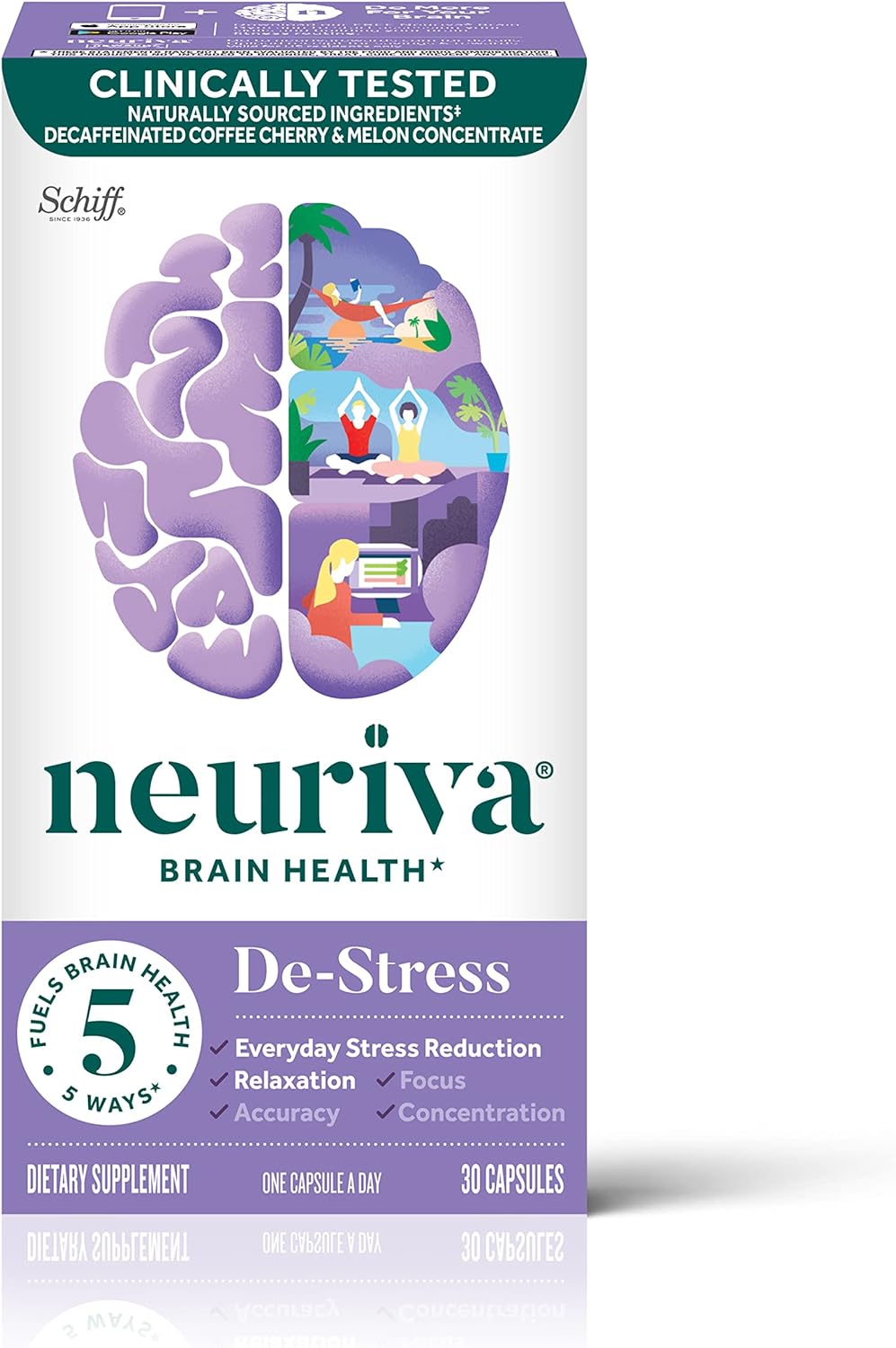 NEURIVA Destress Brain Supplement for Focus, Concentration & Accuracy with L-Theanine for Relaxation & Everyday Stress Reduction and Melon Concentrate to Help Fight Oxidative Stress, 30ct Capsules