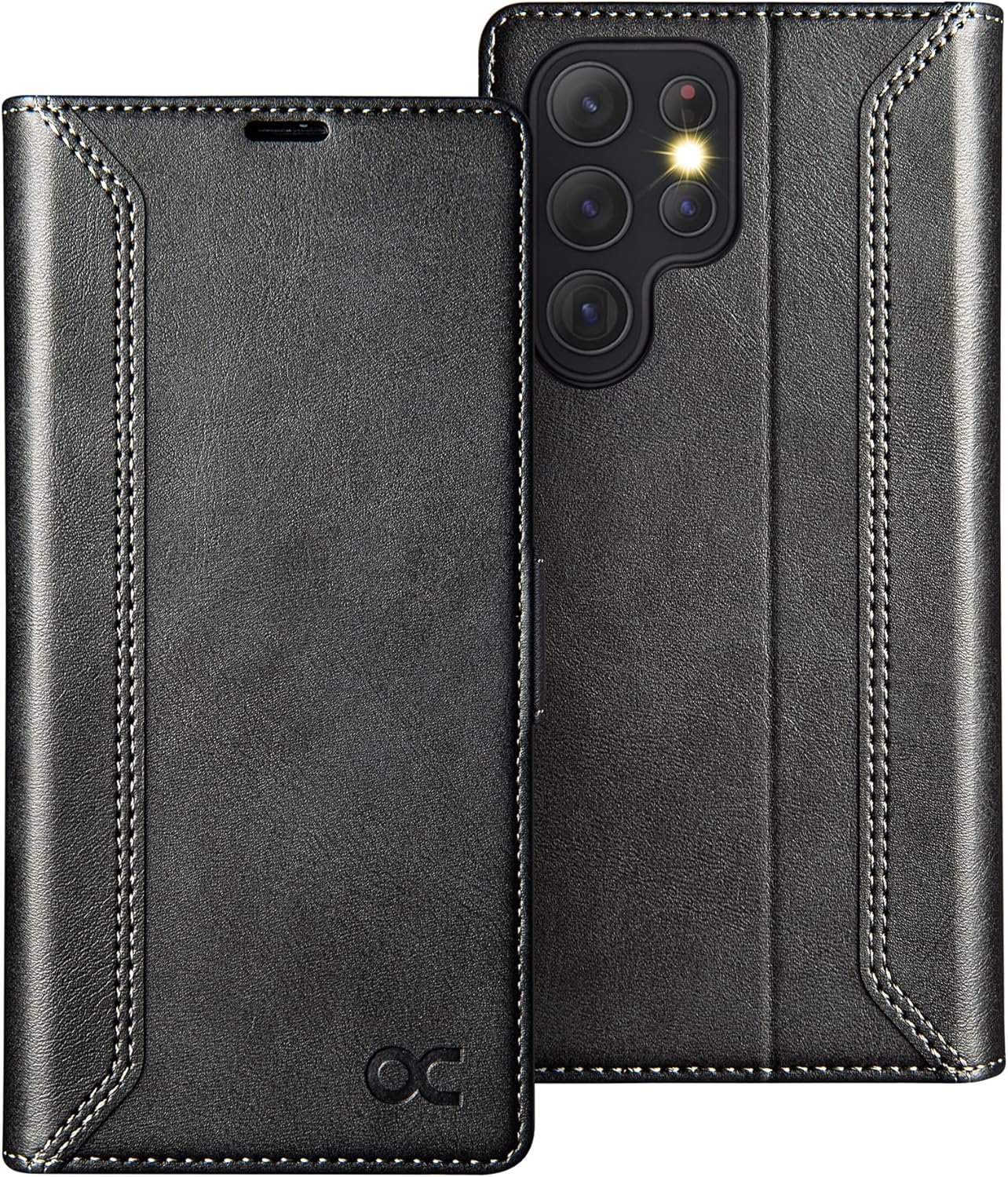 OCASE Retro Series Compatible with Galaxy S22 Ultra 5G Wallet Case [Card Slots][RFID Blocking][TPU Inner Shell ][Kickstand] PU Leather Flip Folio Phone Cover 6.8 Inch (2022) -Retro Black