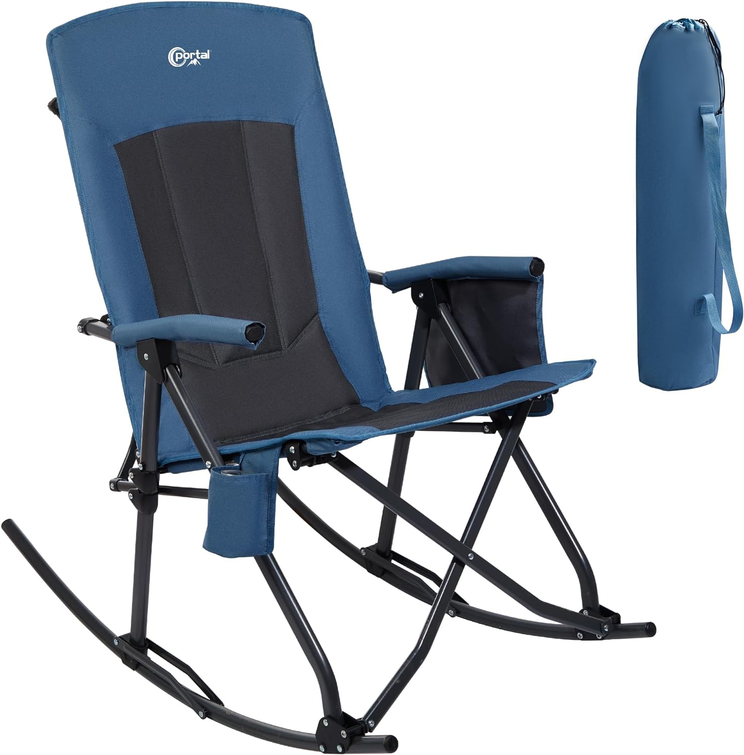 PORTAL Oversized Folding Rocking Camping Chair Portable Outdoor Rocker with High Back Hard Armrests Carry Bag, Supports 400 lbs, Padded Back, Blue Grey