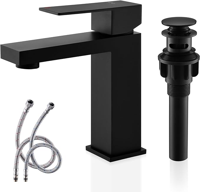 KENES Matte Black Single Handle Bathroom Sink Faucet, Stainless Steel Vanity Faucet for Bathroom Sink, with Pop Up Drain Stopper & Water Supply Hoses LJ-9031-2