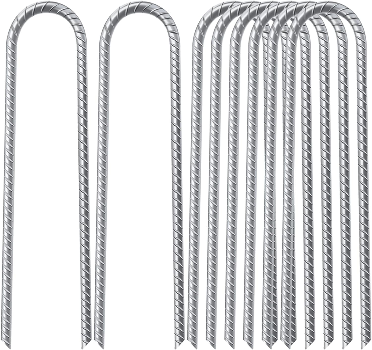 FEED GARDEN 12 Inch 8 Pack Rebar Stakes Heavy Duty J Hook, Galvanized Ground Stakes Tent Stakes Steel Ground Anchors, Chain Link Fence Stakes, Trampoline Stakes, Silver