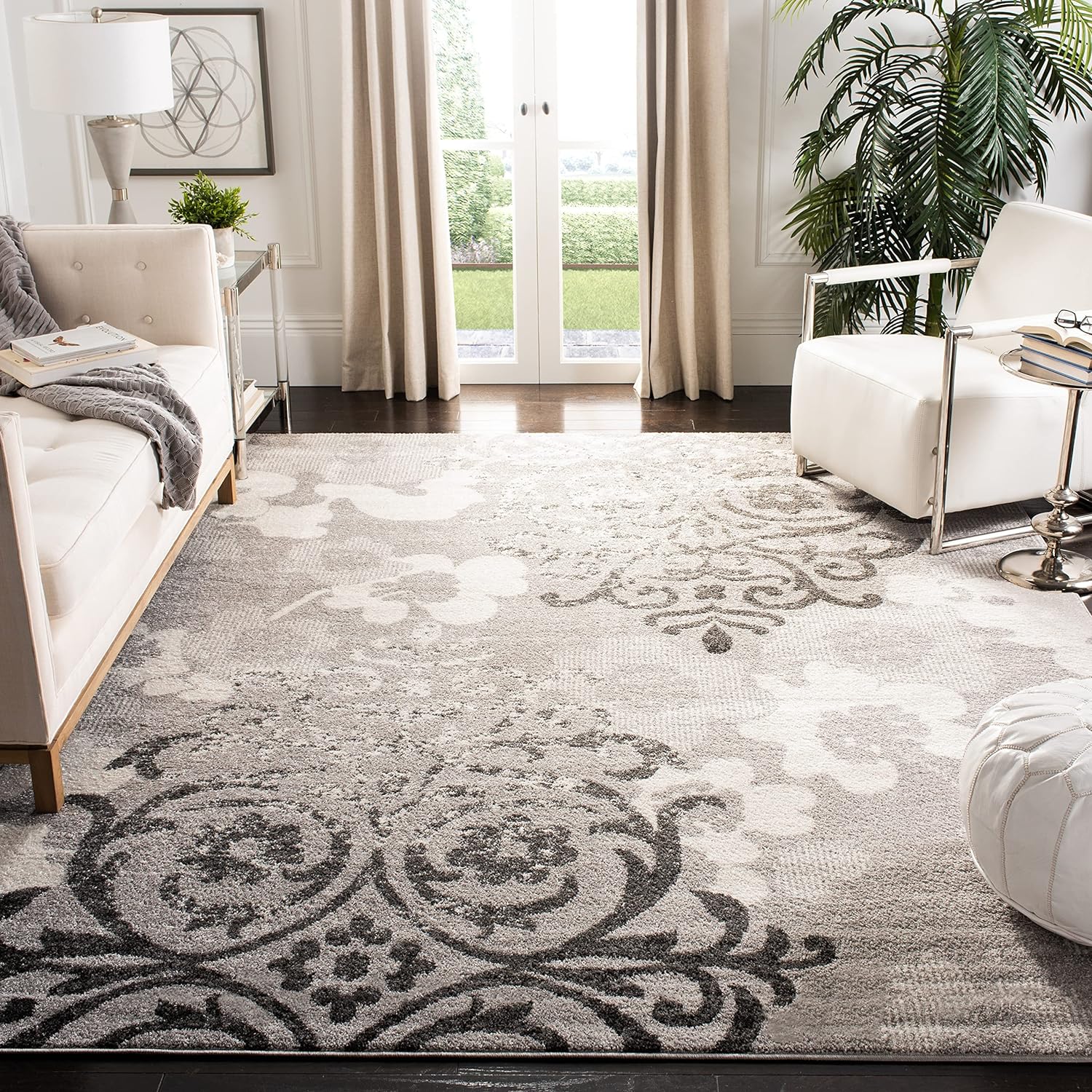 SAFAVIEH+Adirondack+Collection+Area+Rug+-+8%27+x+10%27%2c+Silver+%26+Ivory%2c+Floral+Glam+Damask+Distressed+Design%2c+Non-Shedding+%26+Easy+Care%2c+Ideal+for+High+Traffic+Areas+in+Living+Room%2c+Bedroom+(ADR114B)