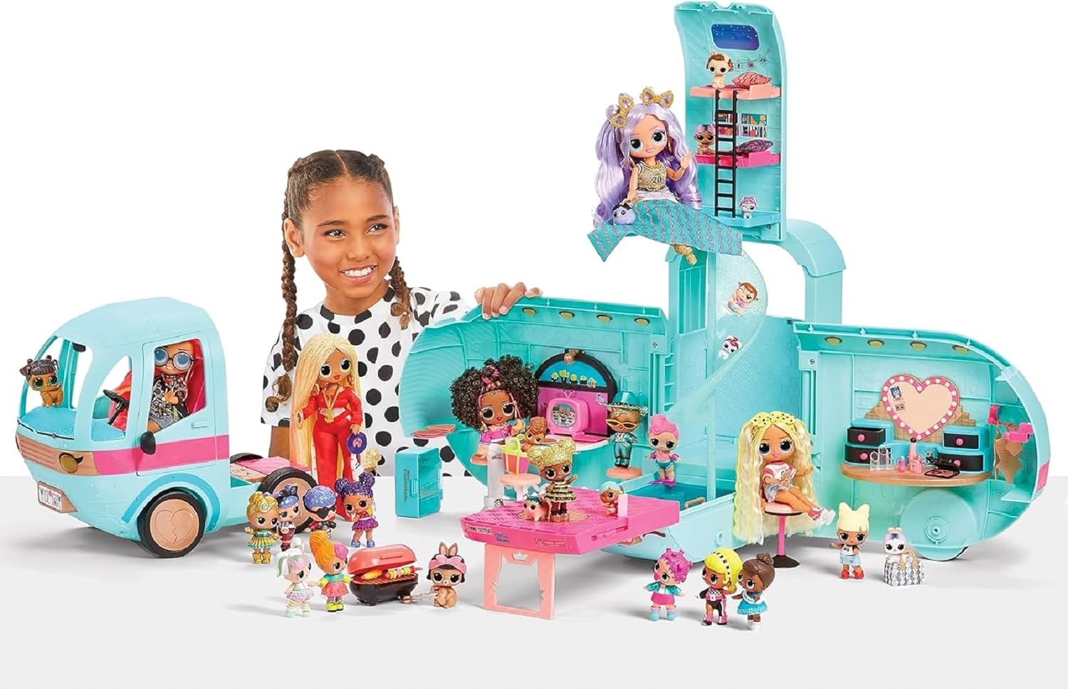 L.O.L. Surprise! OMG Glam N Go Camper Playset with 50  Surprises and 360° Play, Fully Furnished with Pool, Water Slide, Bunk Beds, Vanity, BBQ Grill, DJ Booth, and More - Great Gift for Kids Ages 4 