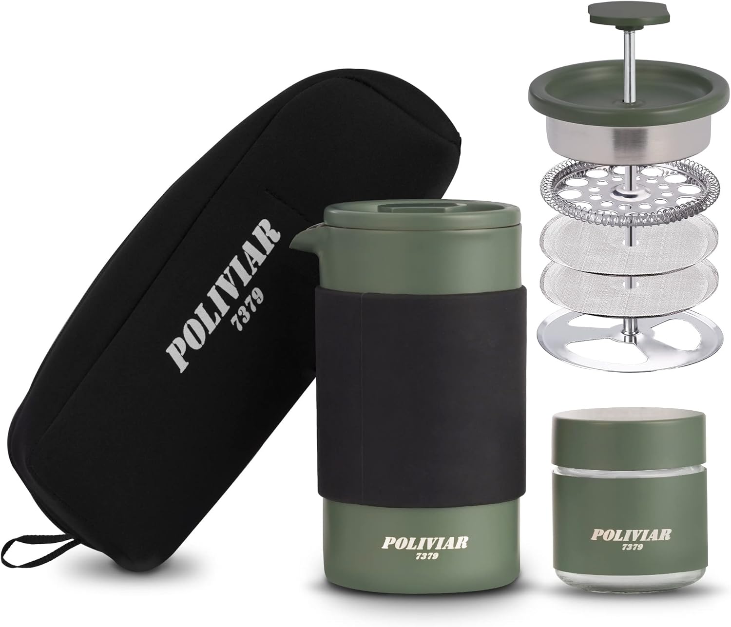 POLIVIAR French Press Coffee Maker, 12 oz Portable French Press with Mini Canister and Collection Bag, Double Wall Insulation & Dual- Filter Screen, Food Grade Stainless Steel for Coffee