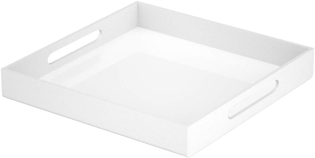 NIUBEE Acrylic Serving Tray 12x12 Inches -Spill Proof- White Decorative Tray Organiser for Ottoman Coffee Table Countertop with Handles