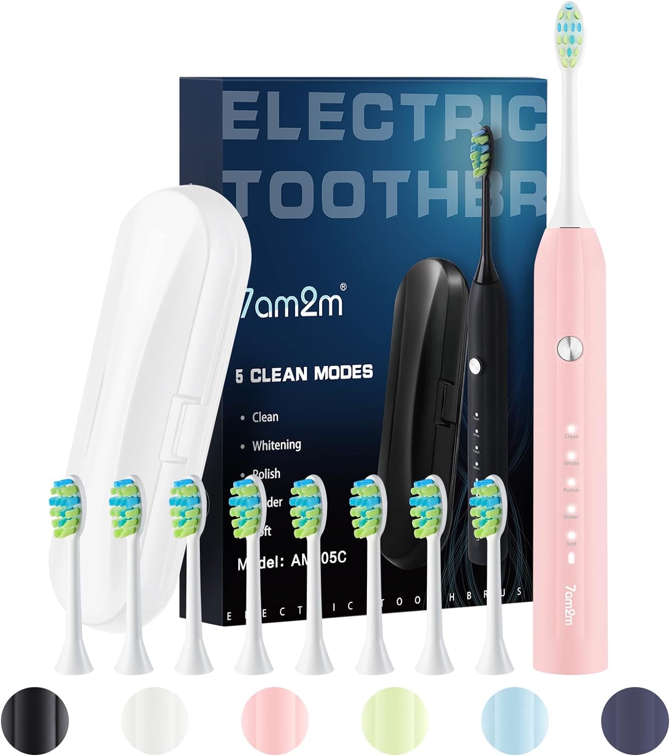 7AM2M Sonic Electric Toothbrush for Adults and Kids, with 8 Brush Heads, 5 Modes with 2 Minutes Build in Smart Timer, Roman Column Handle Design (Pink, with Travel Case)