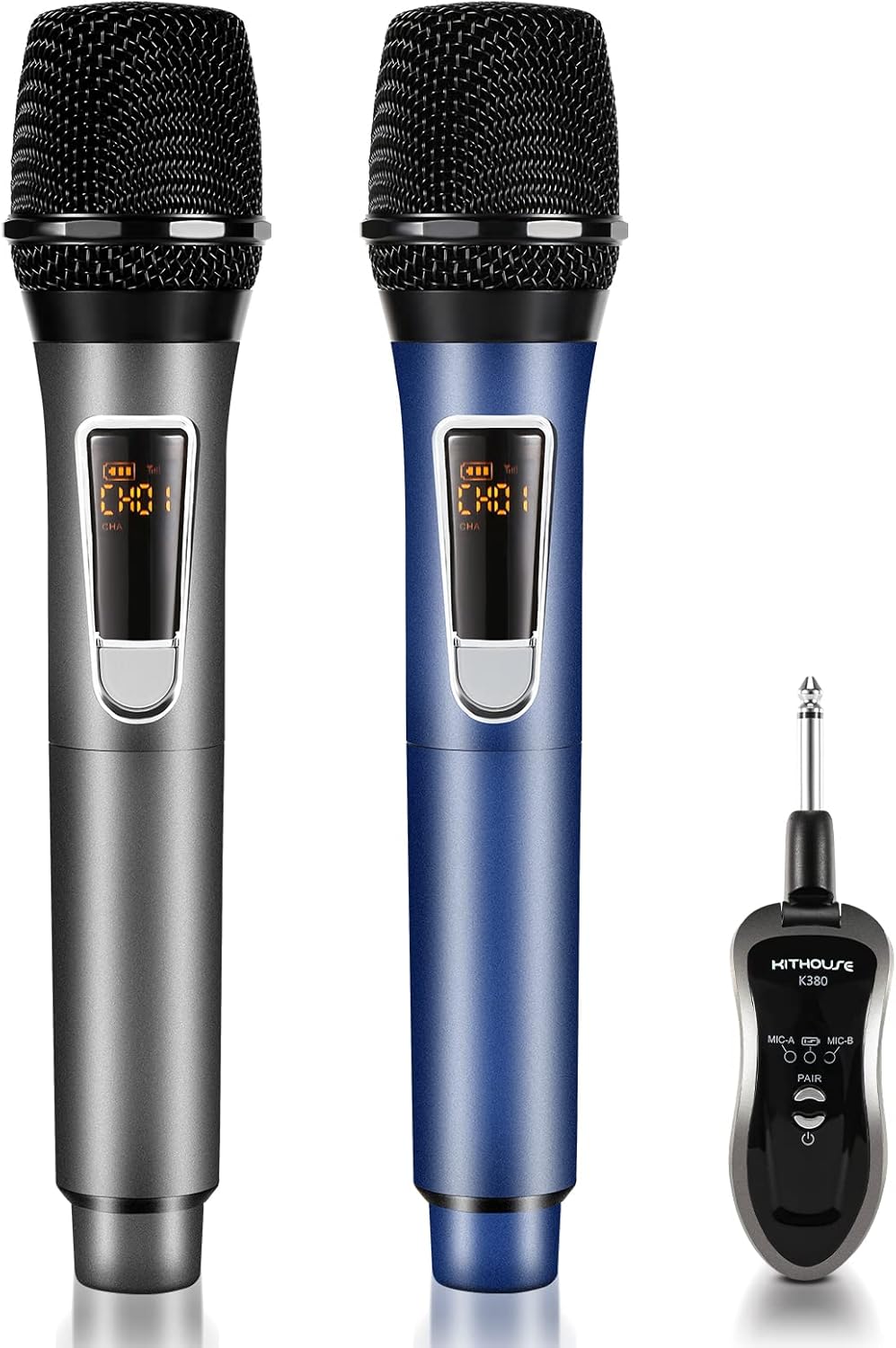 Wireless Microphone-2.4GHz Metal Dual Handheld-Cordless Dynamic-Mic System-with Rechargeable Receiver-for Karaoke,Party,Speech,Meeting,Recoring,Wedding,Class Use-Auto Connect