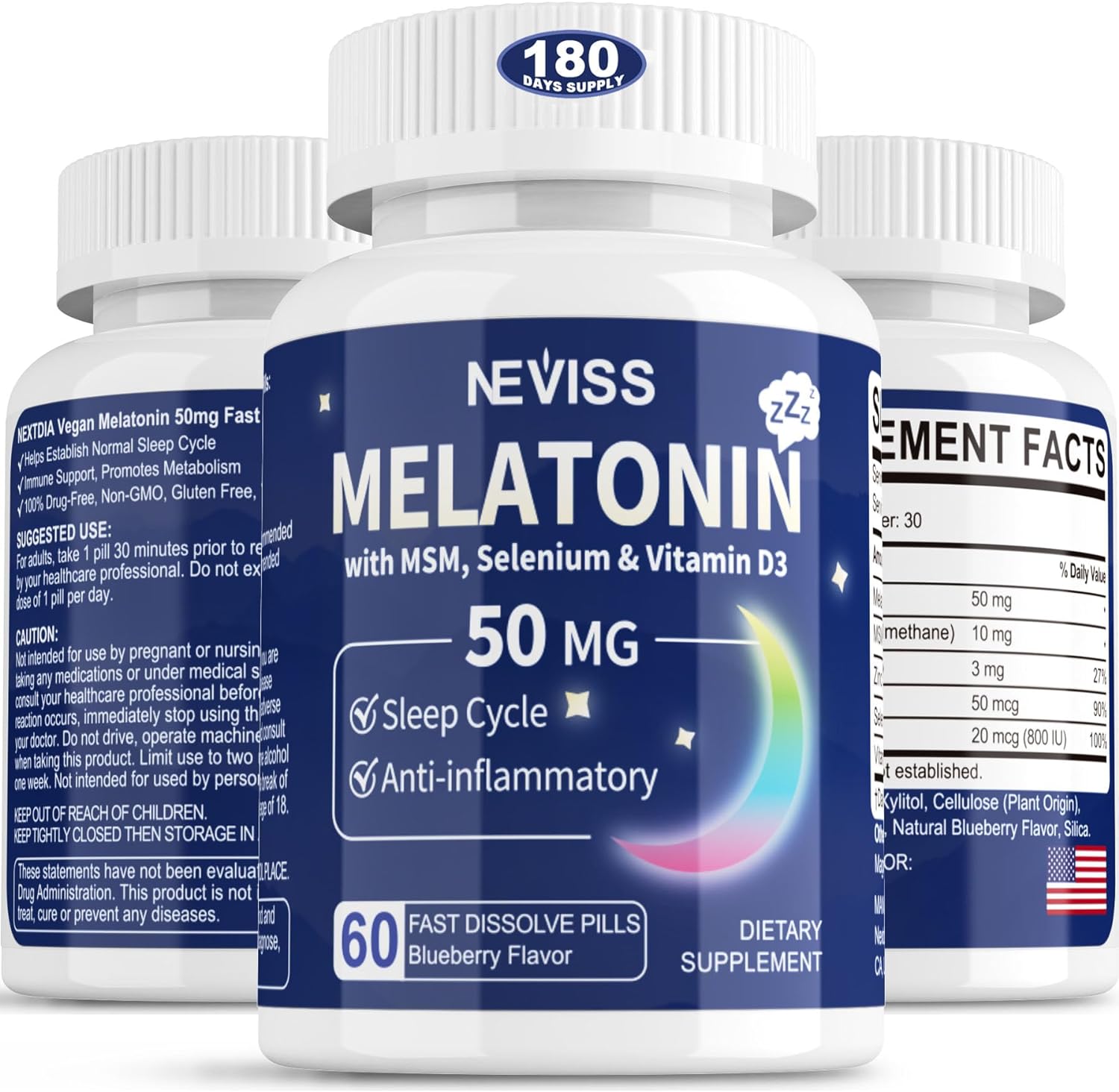 Sugar-Free Melatonin 50 mg for Adults - 180 Servings Fast Dissolve Chewable & Sublingual - Extra Strength Melatonin with MSM, Selenium & Vitamin D3 for Health Rest Cycle, Deep Zzzs, Relaxation, Immune