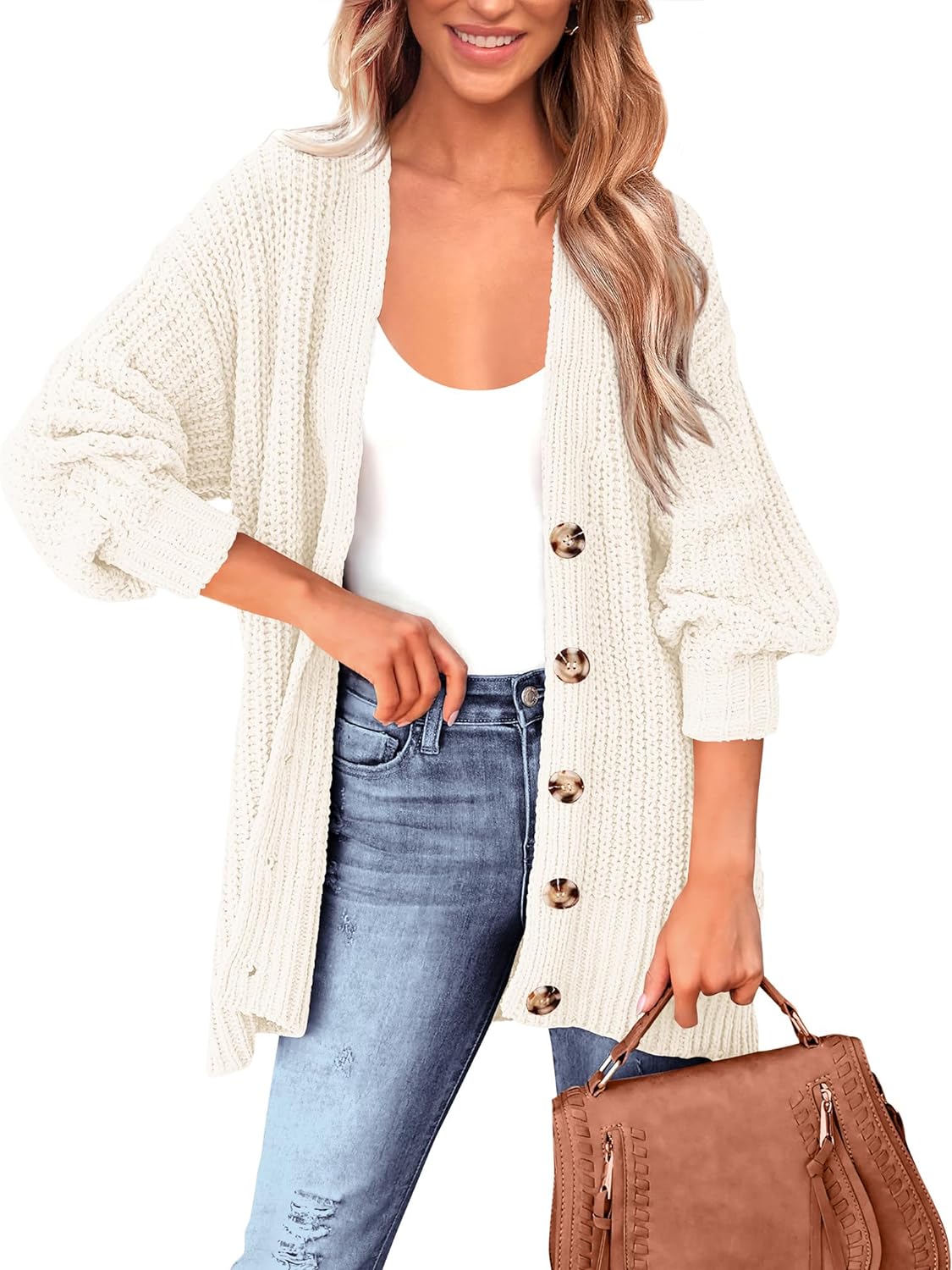 BTFBM Women' Button Down Cardigan Coat Long Sleeve Fall Winter Clothes Loose Chunky Knit Open Front Sweater Outerwear