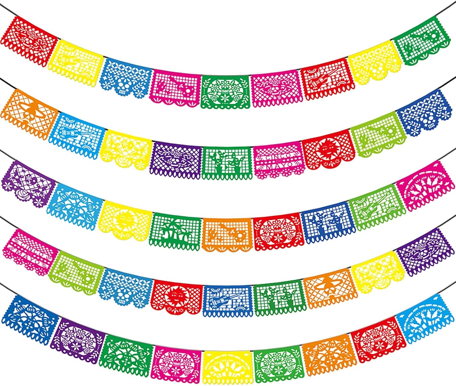 5 PCS Mexican Party Banners, Cinco De Mayo Mexico Decor, Fiesta Party Decoration, Easter Decor, Plastic Papel Picado, Dia De Los Muertos, Day of The Dead Decoration, 12 Patterns/90 Feet Total