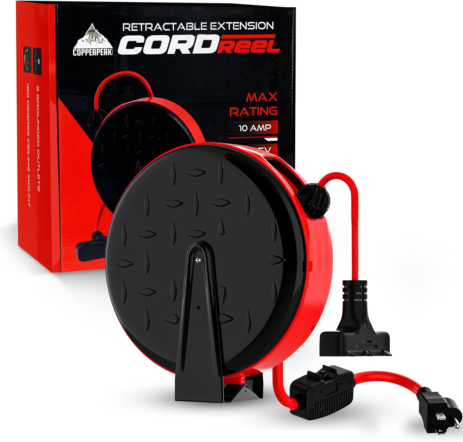 Retractable Extension Cord Reel - 30 ft 16AWG- 3 Electric Power Outlets - Ceiling or Wall Mount - Red and Black