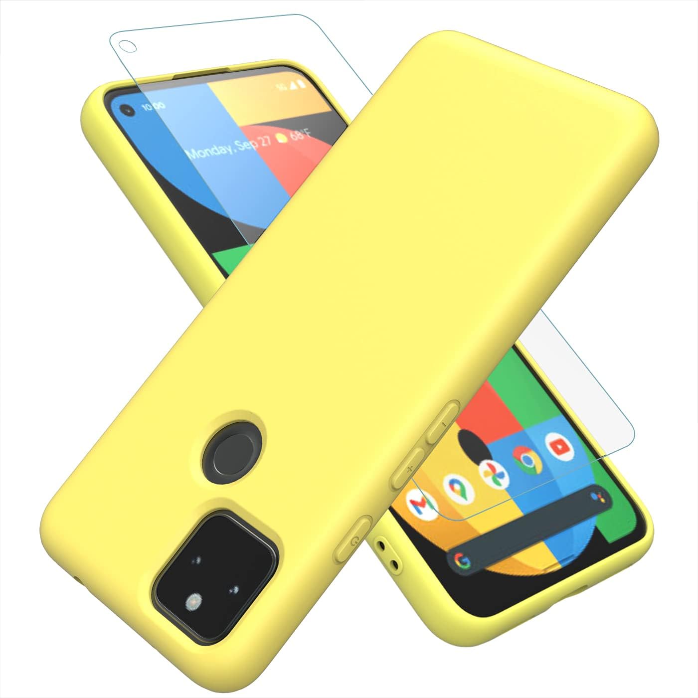 Weycolor Google Pixel 5A 5G Case, with Tempered Glass Screen Protector [2 Pack] Liquid Silicone Slim Soft TPU Fit Drop Protection Phone Case for Google Pixel 5A (Yellow.)