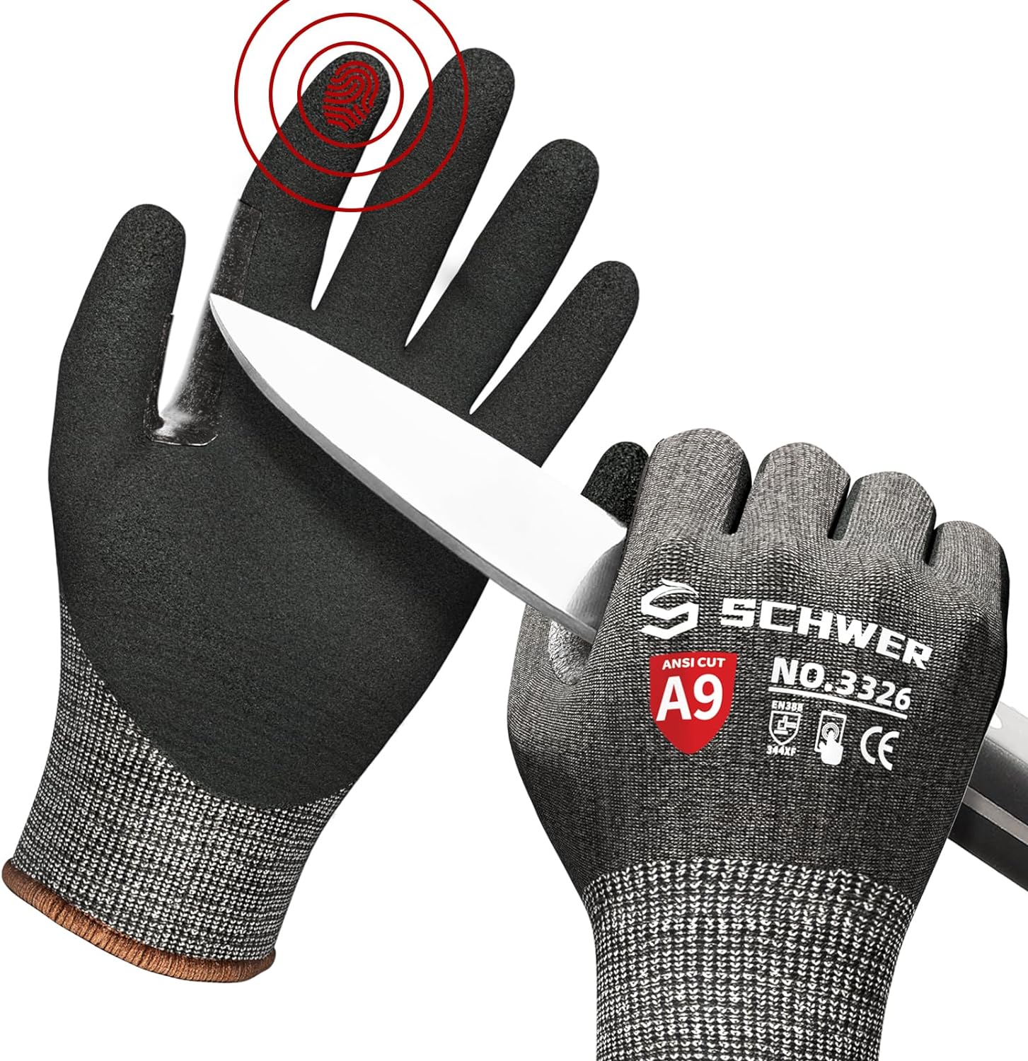 Schwer ProGuard Highest Level Cut Resistant Work Gloves PR3326 for Extreme ProtectionANSI A9 Cut Gloves with Reinforced Thumb, Non Slip, Breathable, Cooling, Durable, Touch-screen, Black 1 PairL