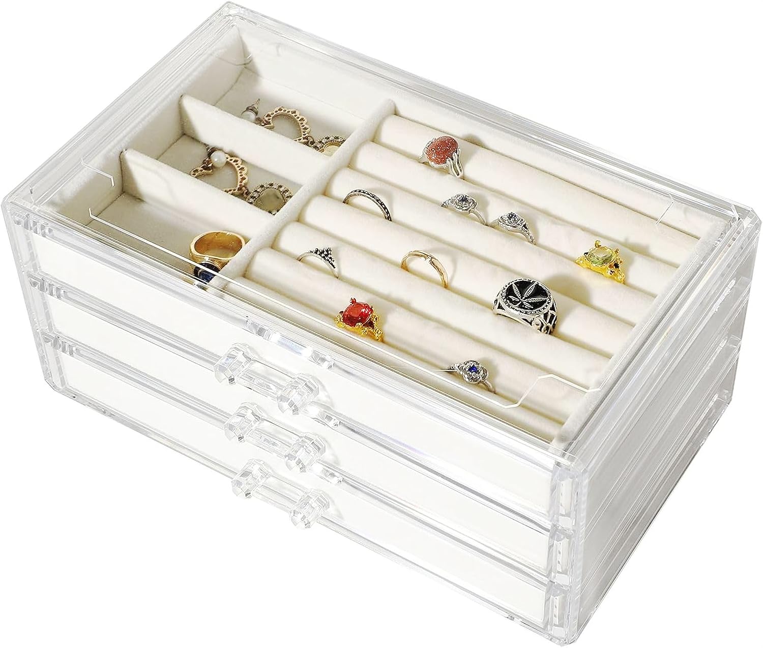 Cq acrylic Earring Jewelry Organizer with 3 Drawers, Clear Acrylic Jewelry Box for Women,Stackable Velvet Earring Display Holder for Jewelry Earrings Ring Bracelet,Gift for Women,Beige